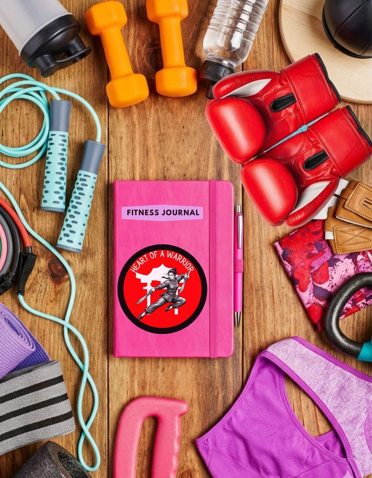 Pink fitness journal with “Heart of a Warrior’ sticker on it, surrounded by gym equipment on a wooden surface.
