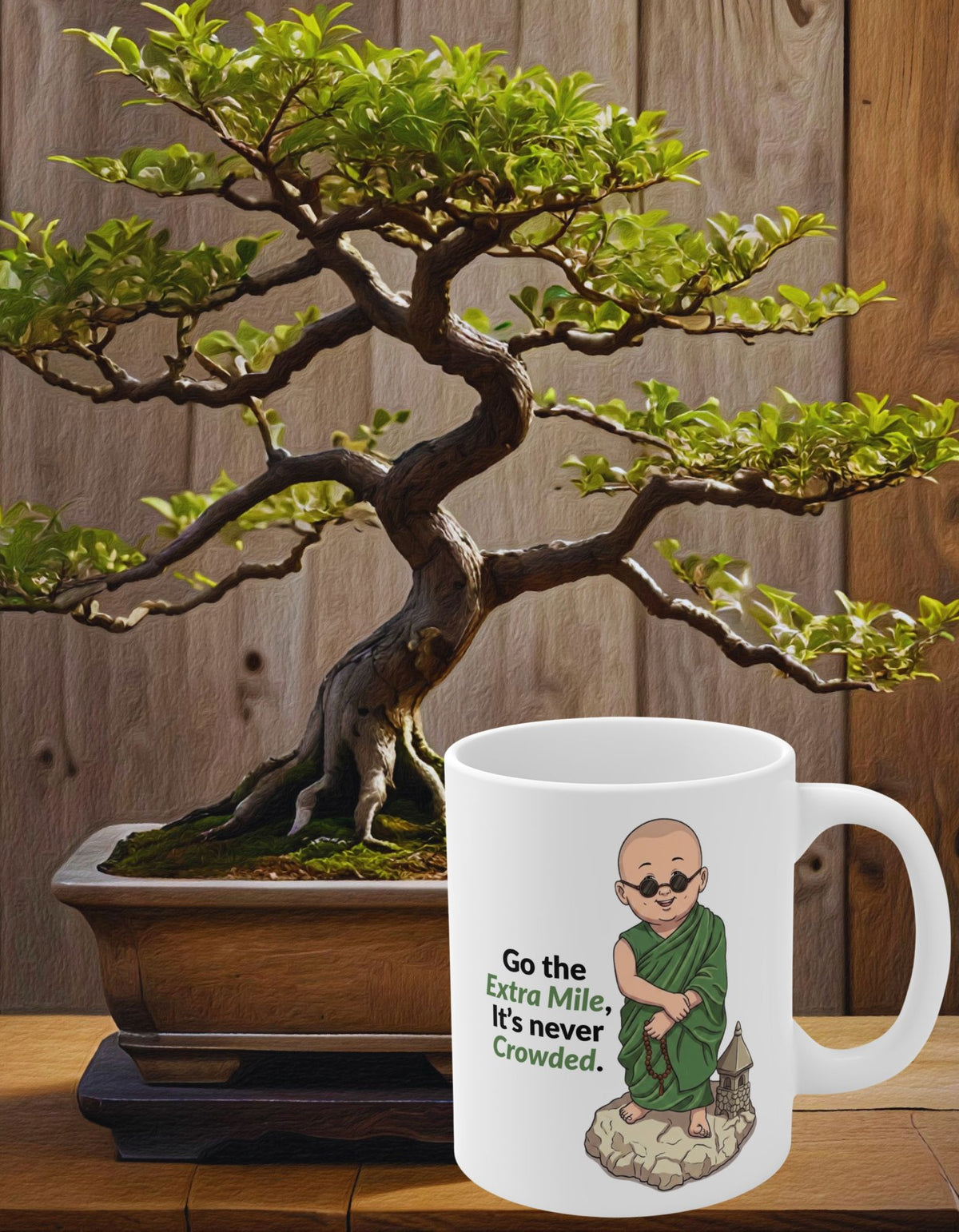 A white ceramic mug with an illustration of a monk and the text 'Go the Extra Mile, It's never Crowded.' placed in front of a potted bonsai tree against a wooden wall.