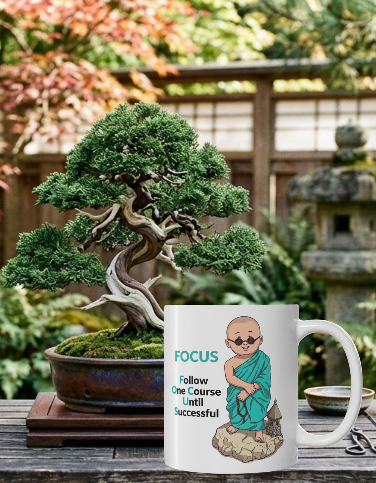 A white ceramic coffee mug with an illustration of a monk and the text 'FOCUS - Follow One Course Until Successful' in teal and black. The mug is set on a wooden table with a bonsai and garden setting in the background.