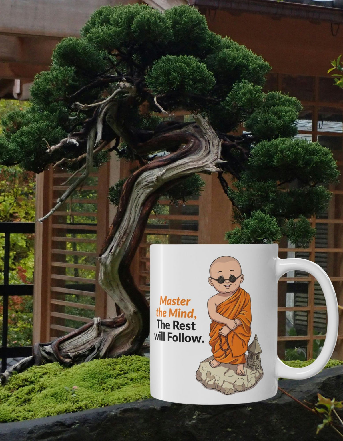 A white ceramic mug with an illustration of a monk in orange robes and the text 'Master the Mind, The Rest Will Follow.' It is placed on a stone surface with a bonsai tree garden setting in the background.