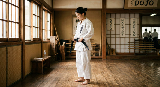 Woman dressed in her karate gi, tying her belt, standing in a Japanese karate dojo.