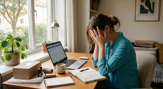 Woman sitting at her home office desk with her head in her hands, looking despondent.