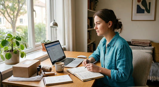 Woman sitting at her home office desk writing in a notebook.