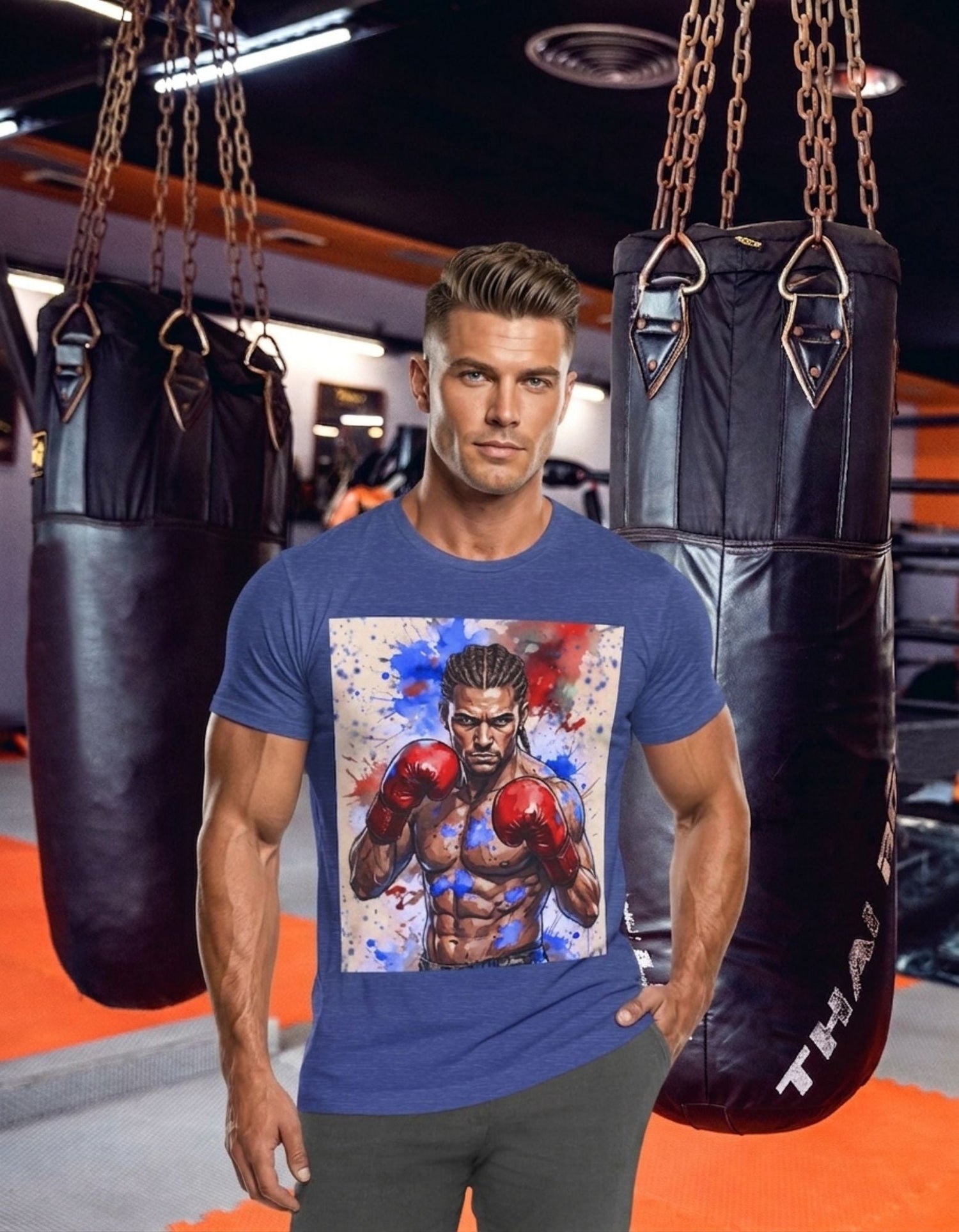 A muscular man in a gym wearing a Fighter Spirit Boxer Guy Heather Blue t-shirt design, standing in front of hanging punch bags.
