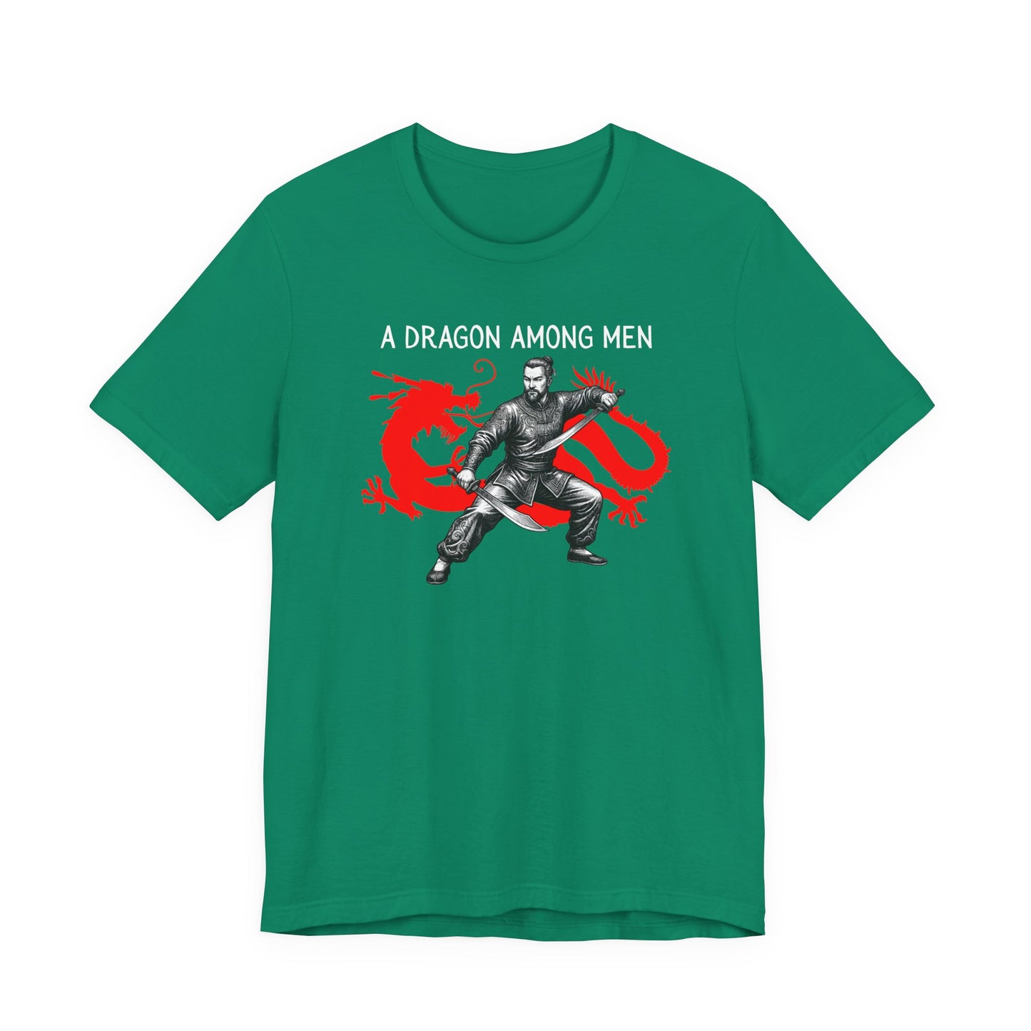 Kelly Green t-shirt front with the slogan - A Dragon among Men printed in white, above the bold graphic of a male warrior in fighting stance wielding dual swords in front of a red dragon silhouette.