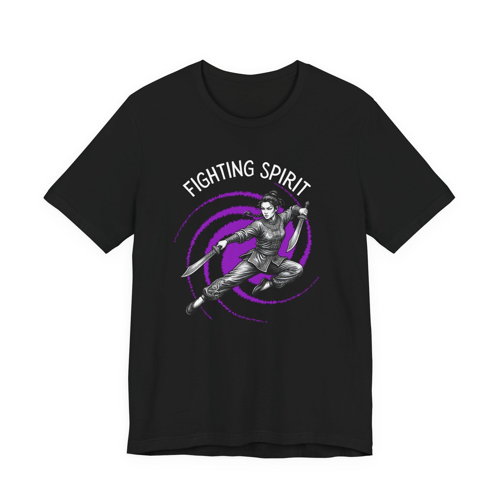 Black t-shirt front with the slogan - Fighting Spirit printed in white, above the bold graphic of a female warrior doing a mid-air flying kick, wielding dual swords in front of a vivid purple swirling vortex.