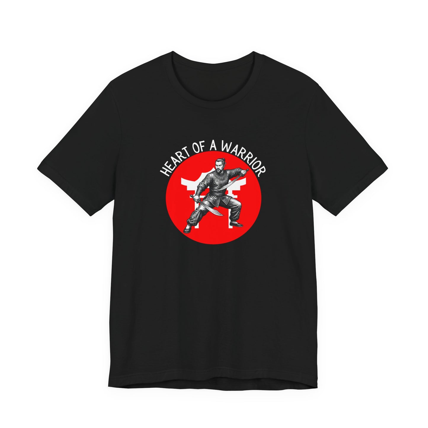 Black t-shirt front with the slogan - Heart of a Warrior printed in white, above a red circle featuring the bold graphic of a male warrior in fighting stance wielding dual swords in front of a white Chinese Temple.