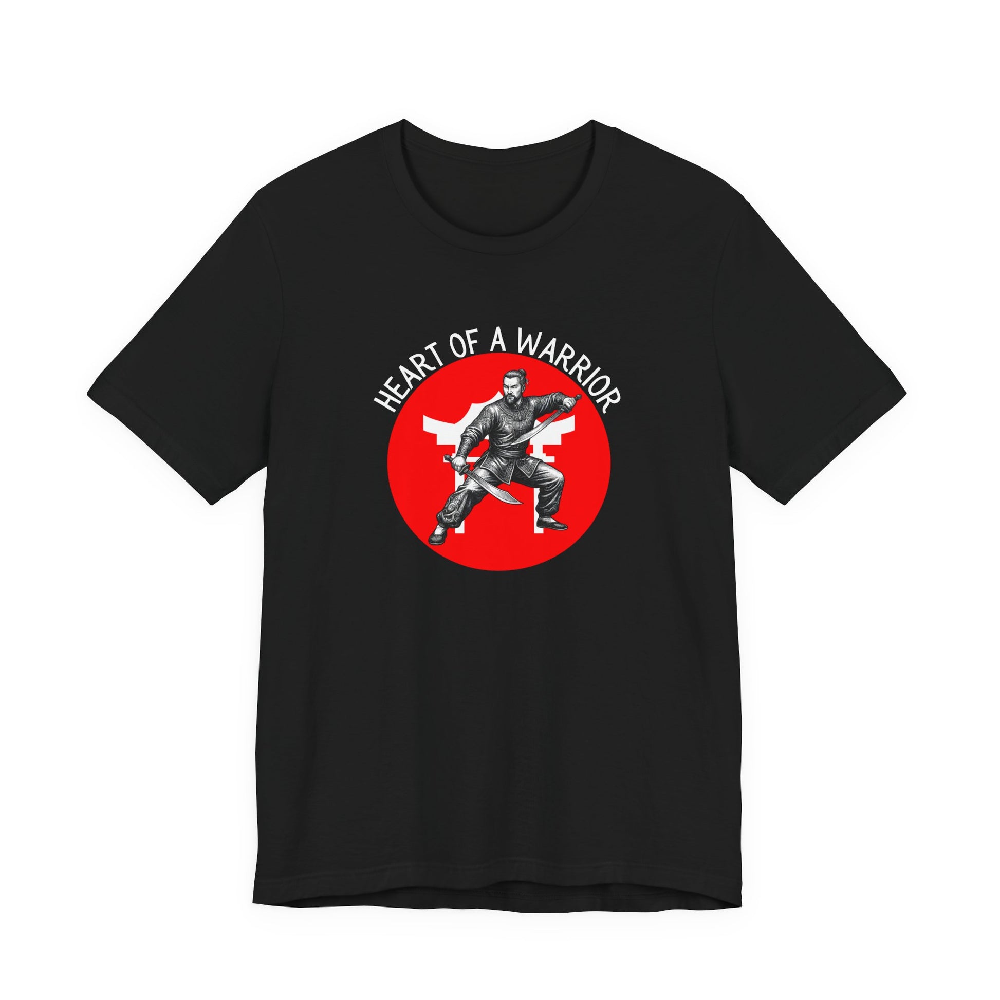 Black t-shirt front with the slogan - Heart of a Warrior printed in white, above a red circle featuring the bold graphic of a male warrior in fighting stance wielding dual swords in front of a white Chinese Temple.