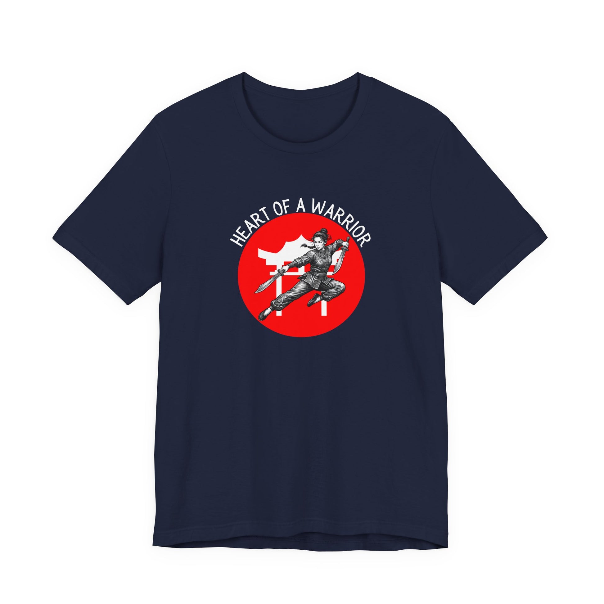 Navy Blue t-shirt front with the slogan - Heart of a Warrior printed in white, above a red circle featuring the bold graphic of a female warrior in fighting stance wielding dual swords in front of a white Chinese Temple.