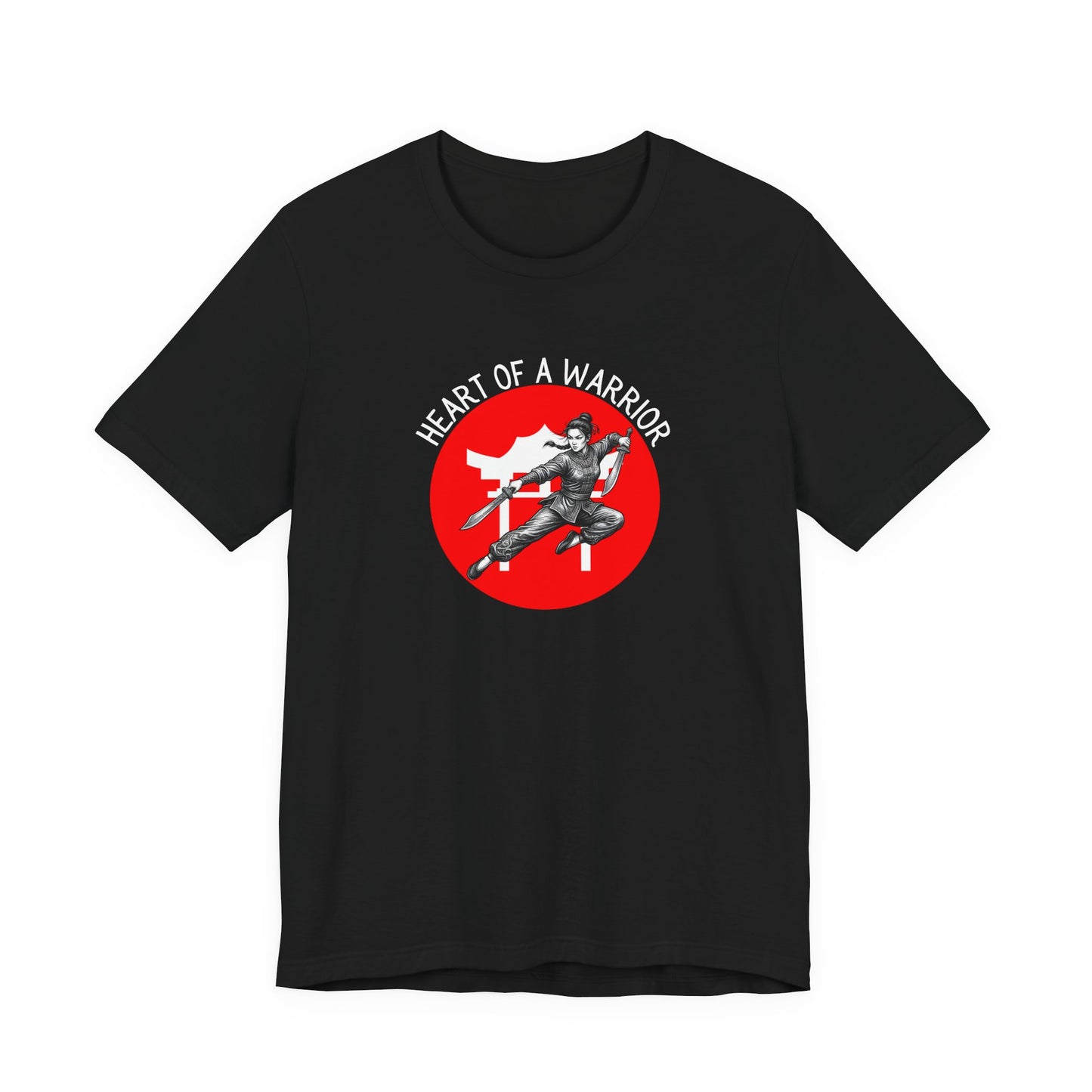 Black t-shirt front with the slogan - Heart of a Warrior printed in white, above a red circle featuring the bold graphic of a female warrior in fighting stance wielding dual swords in front of a white Chinese Temple.