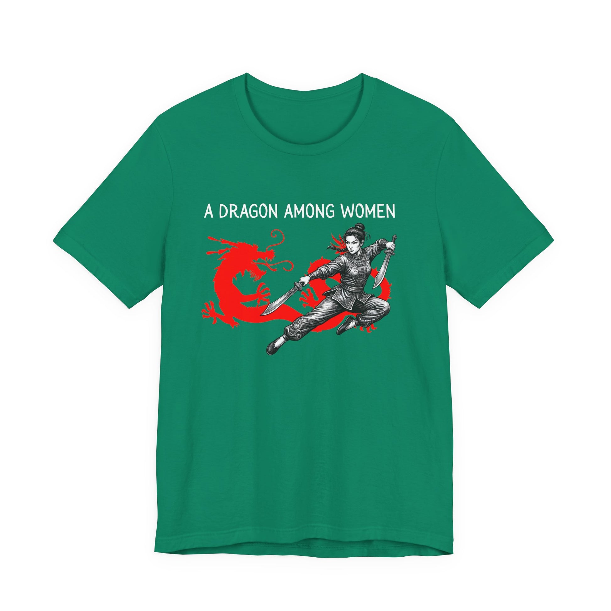 Kelly Green t-shirt front with the slogan - A Dragon among Women printed in white, above the bold graphic of a female warrior in fighting stance wielding dual swords in front of a red dragon silhouette.