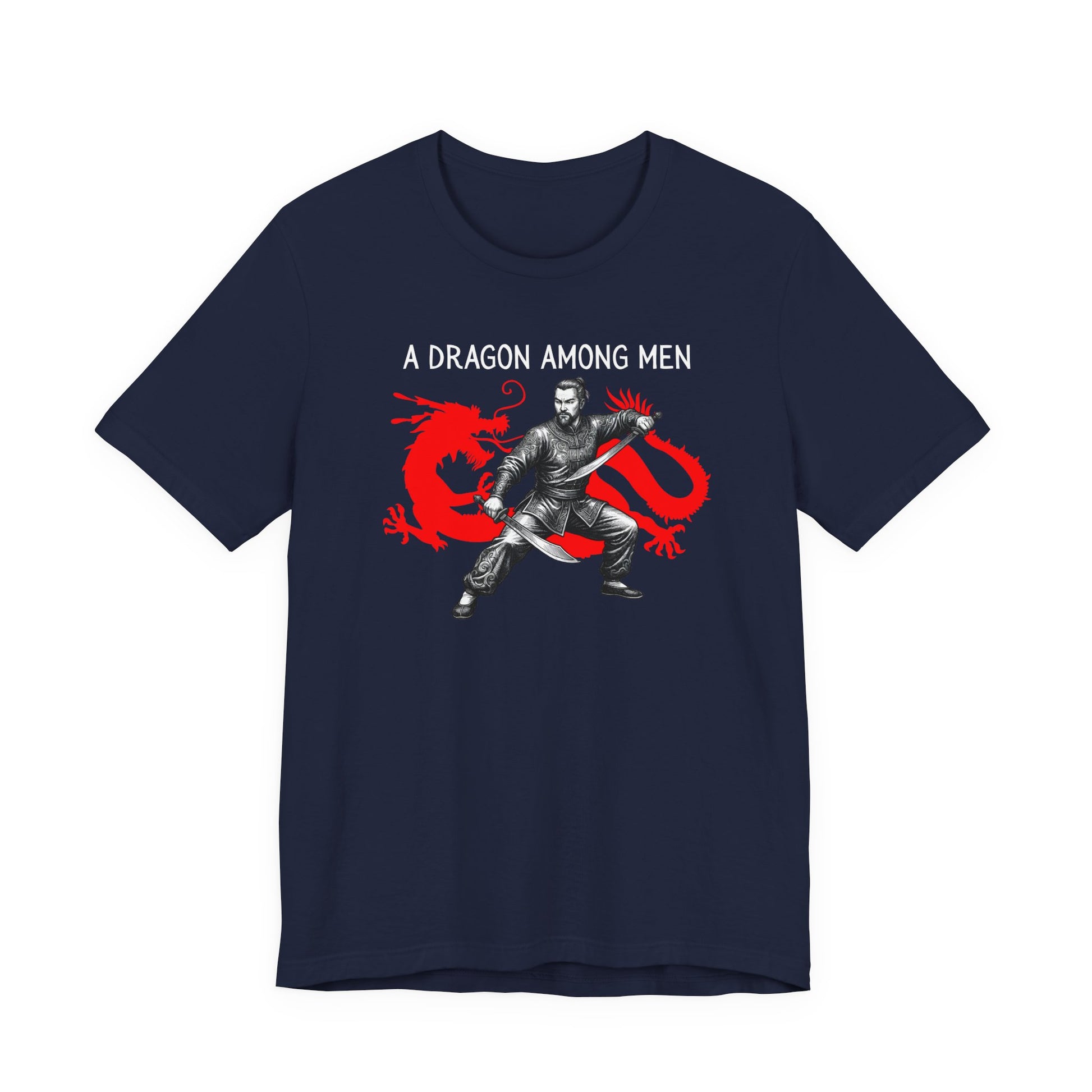 Navy Blue t-shirt front with the slogan - A Dragon among Men printed in white, above the bold graphic of a male warrior in fighting stance wielding dual swords in front of a red dragon silhouette.