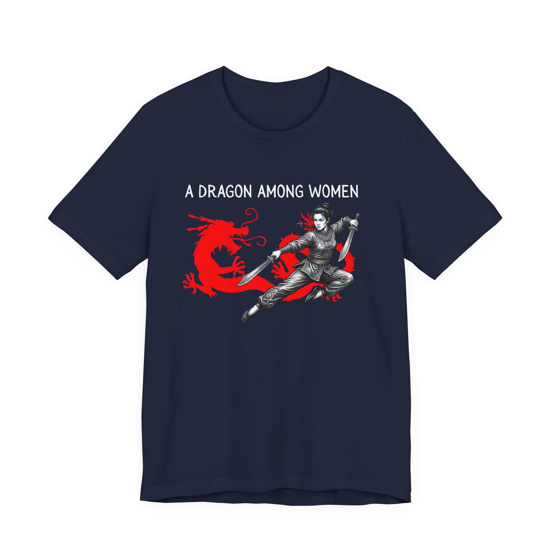 Navy Blue t-shirt front with the slogan - A Dragon among Women printed in white, above the bold graphic of a female warrior in fighting stance wielding dual swords in front of a red dragon silhouette.