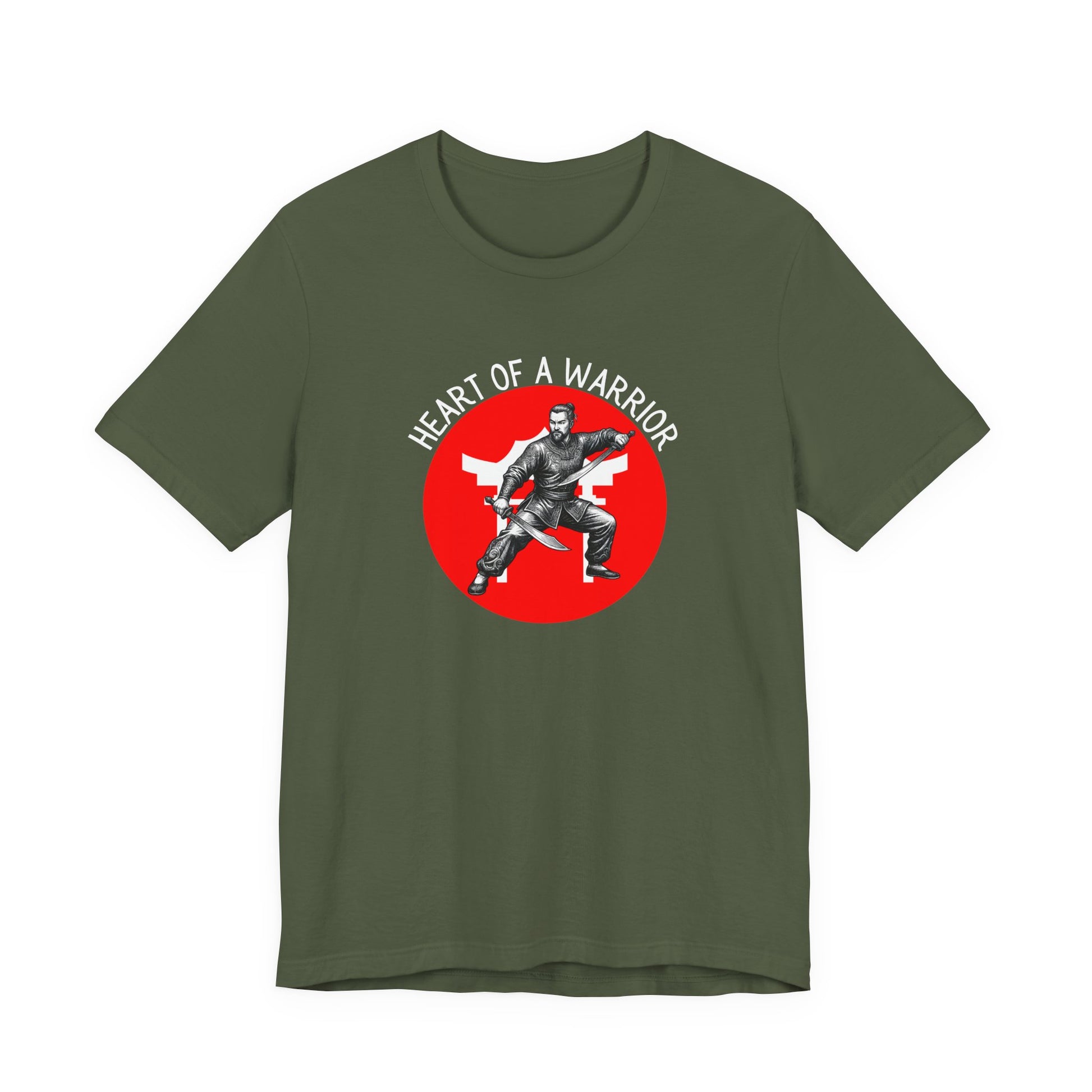 Military Green t-shirt front with the slogan - Heart of a Warrior printed in white, above a red circle featuring the bold graphic of a male warrior in fighting stance wielding dual swords in front of a white Chinese Temple.