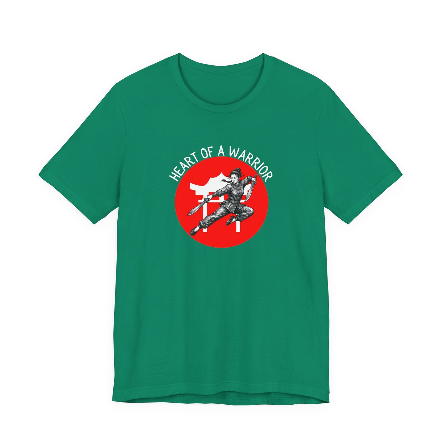 Kelly Green t-shirt front with the slogan - Heart of a Warrior printed in white, above a red circle featuring the bold graphic of a female warrior in fighting stance wielding dual swords in front of a white Chinese Temple.