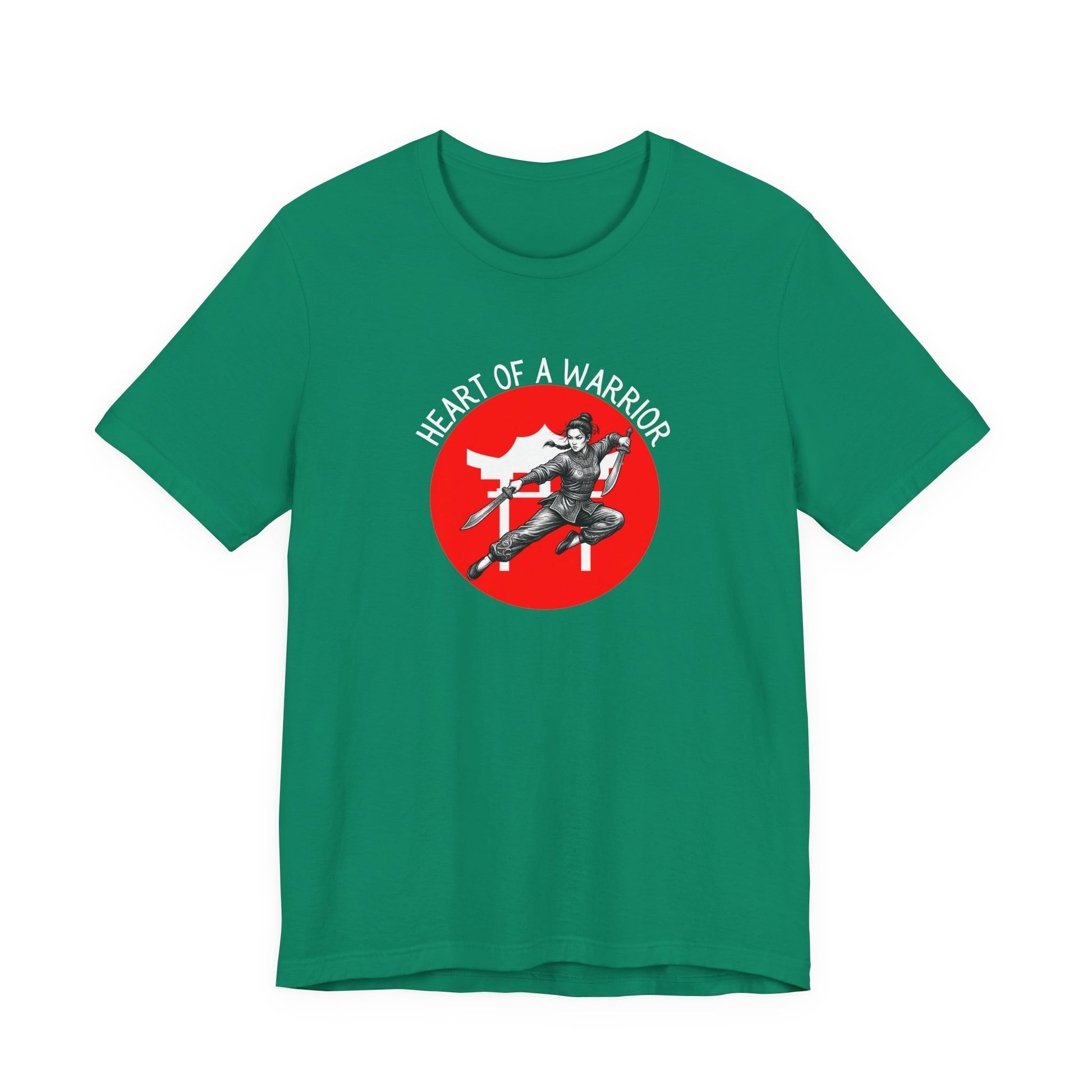 Kelly Green t-shirt front with the slogan - Heart of a Warrior printed in white, above a red circle featuring the bold graphic of a female warrior in fighting stance wielding dual swords in front of a white Chinese Temple.