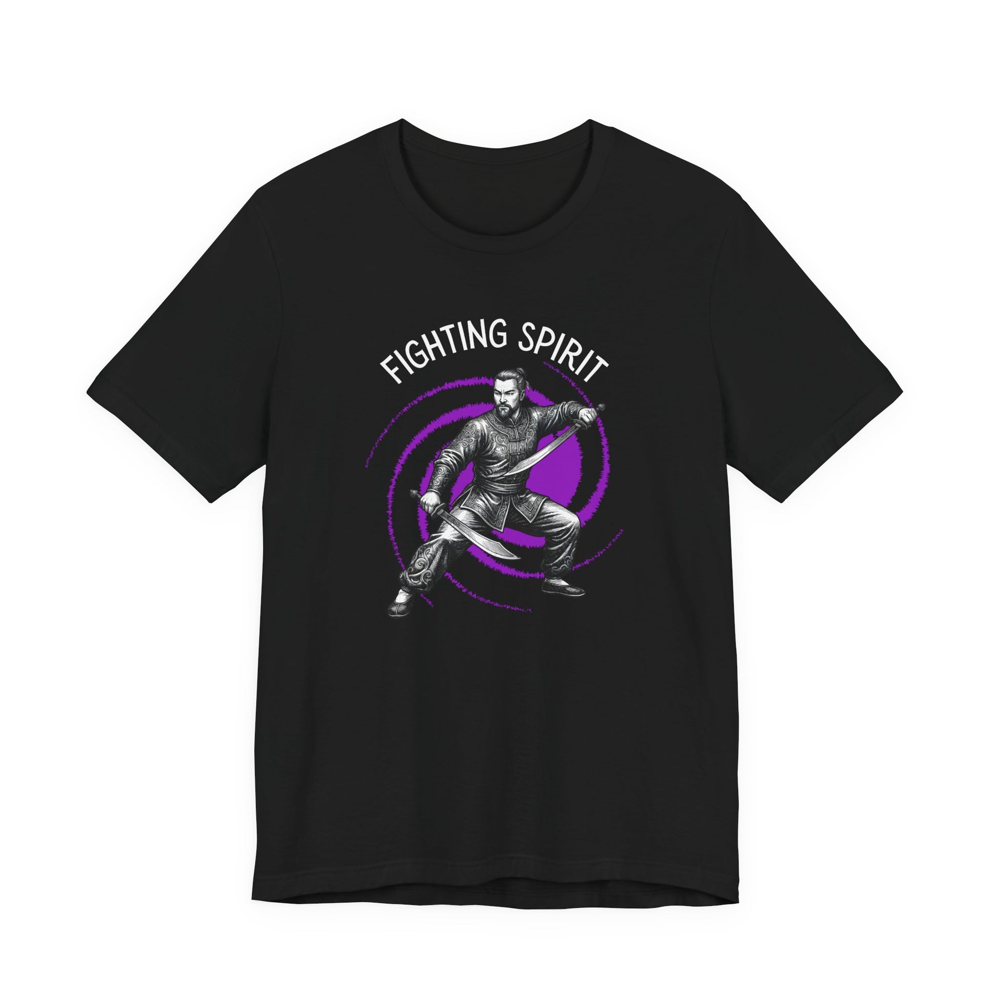 Black t-shirt front with the slogan - Fighting Spirit printed in white, above the bold graphic of a male warrior in fight stance, wielding dual swords in front of a vivid purple swirling vortex.