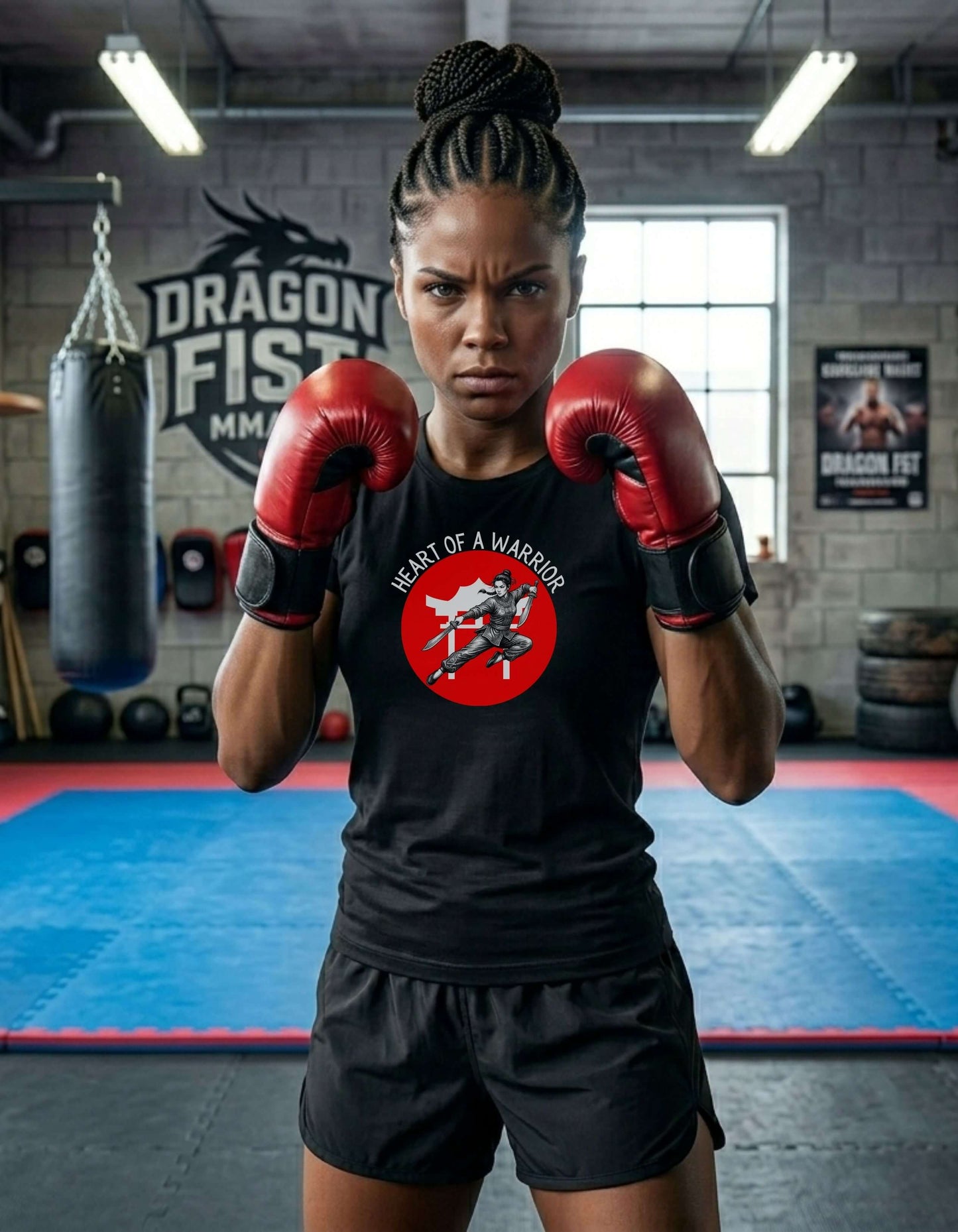 Woman in a MMA gym fists up, wearing a black t-shirt with the slogan - Heart of a Warrior printed in white, above a red circle featuring the bold graphic of a female warrior in fighting stance wielding dual swords in front of a white Chinese temple.