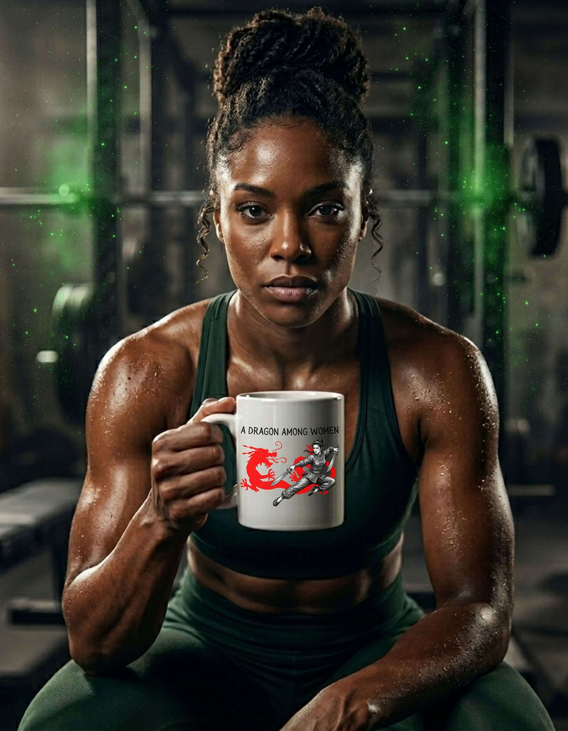 A strong, focused woman in a gym holding a white 11 oz ceramic mug with the slogan — A Dragon among Women printed in black letters, above the graphic of a female warrior mid-air wielding twin swords in front of the silhouette of a red Chinese dragon. 