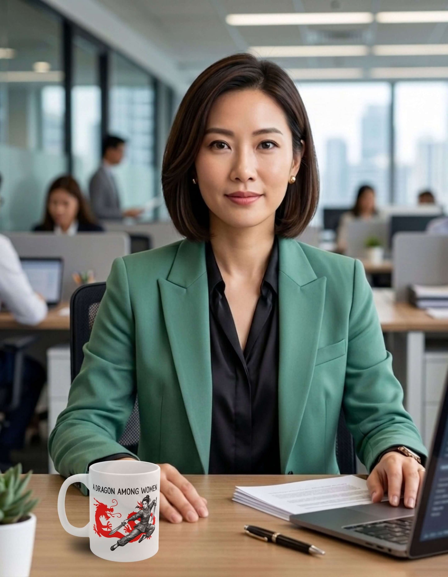A focused woman executive in an office. On her desk she has a white 11 oz ceramic mug with the slogan — A Dragon among Women printed in black letters, above the graphic of a female warrior mid-air wielding twin swords in front of the silhouette of a red Chinese dragon.