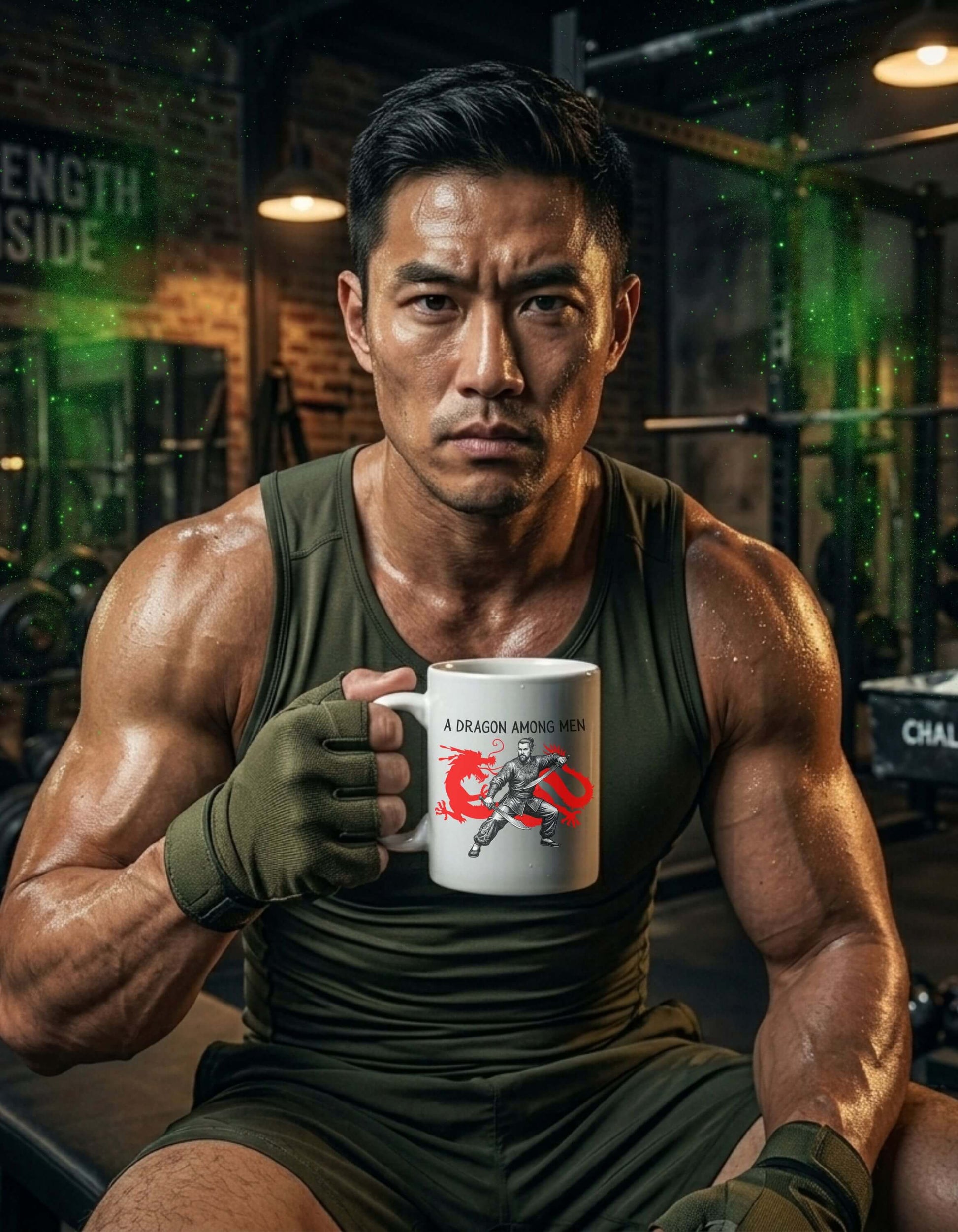 A strong, focused man in a gym holding a white 11 oz ceramic mug with the slogan — A Dragon among Men printed in black letters, above the graphic of a steadfast male warrior in fight stance wielding twin swords in front of the silhouette of a red Chinese dragon. 