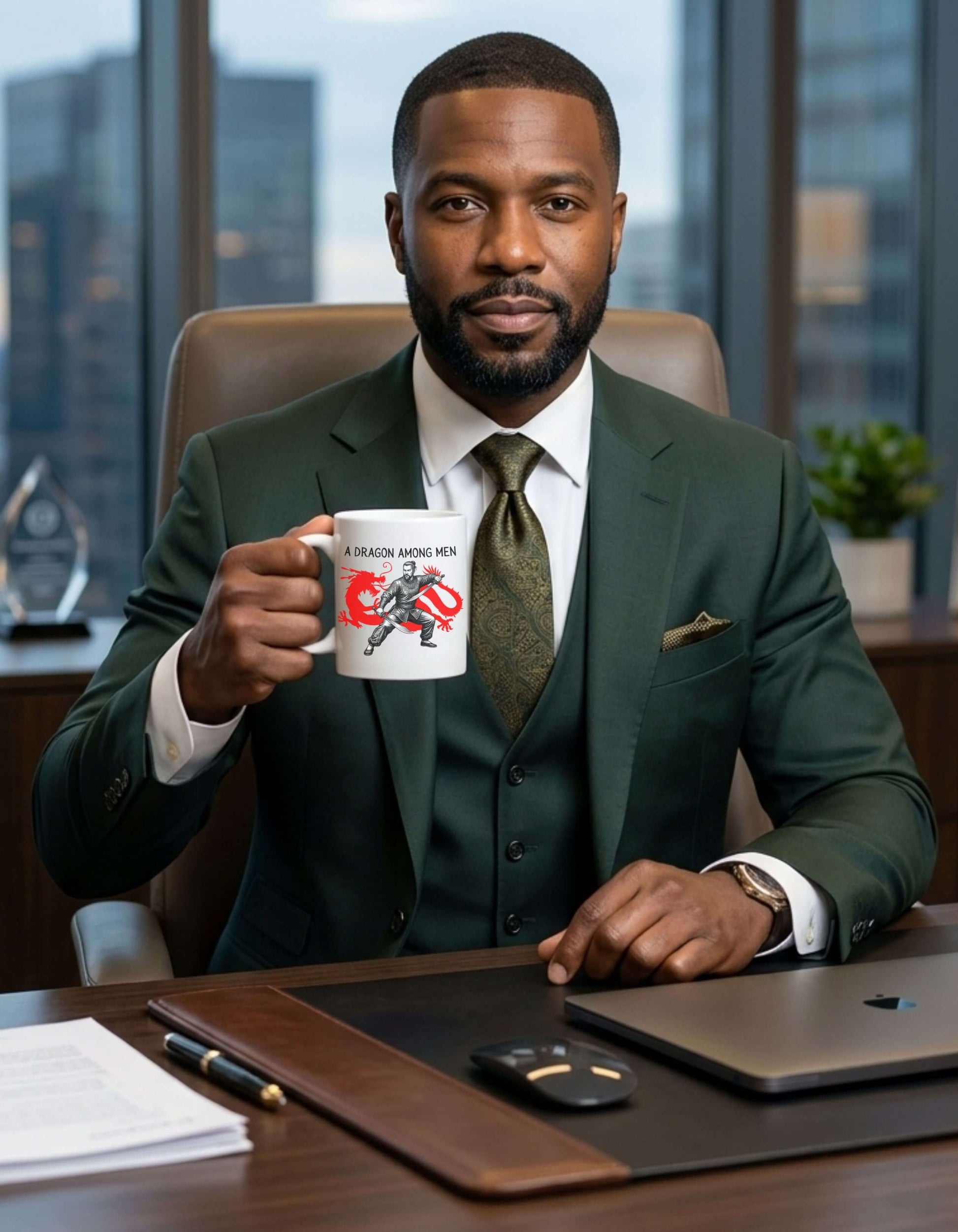 A focused male executive in an office. He is holding a white 11 oz ceramic mug with the slogan — A Dragon among Men printed in black letters, above the graphic of a steadfast male warrior in fight stance wielding twin swords in front of the silhouette of a red Chinese dragon.