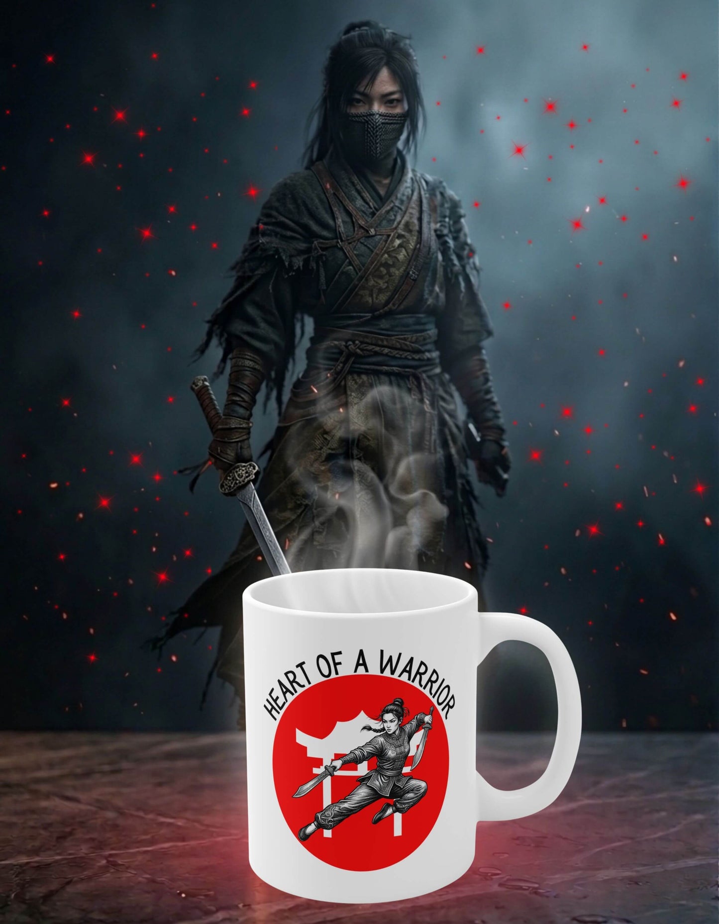 White 11 oz ceramic mug with the slogan — Heart of a Warrior printed in black letters, above the graphic of a female warrior mid-air wielding twin swords in front of the silhouette of a red Chinese Temple; sits on a stone slab with a fierce woman warrior in the background. 
