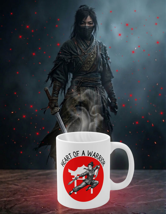 White 11 oz ceramic mug with the slogan — Heart of a Warrior printed in black letters, above the graphic of a female warrior mid-air wielding twin swords in front of the silhouette of a red Chinese Temple; sits on a stone slab with a fierce woman warrior in the background. 