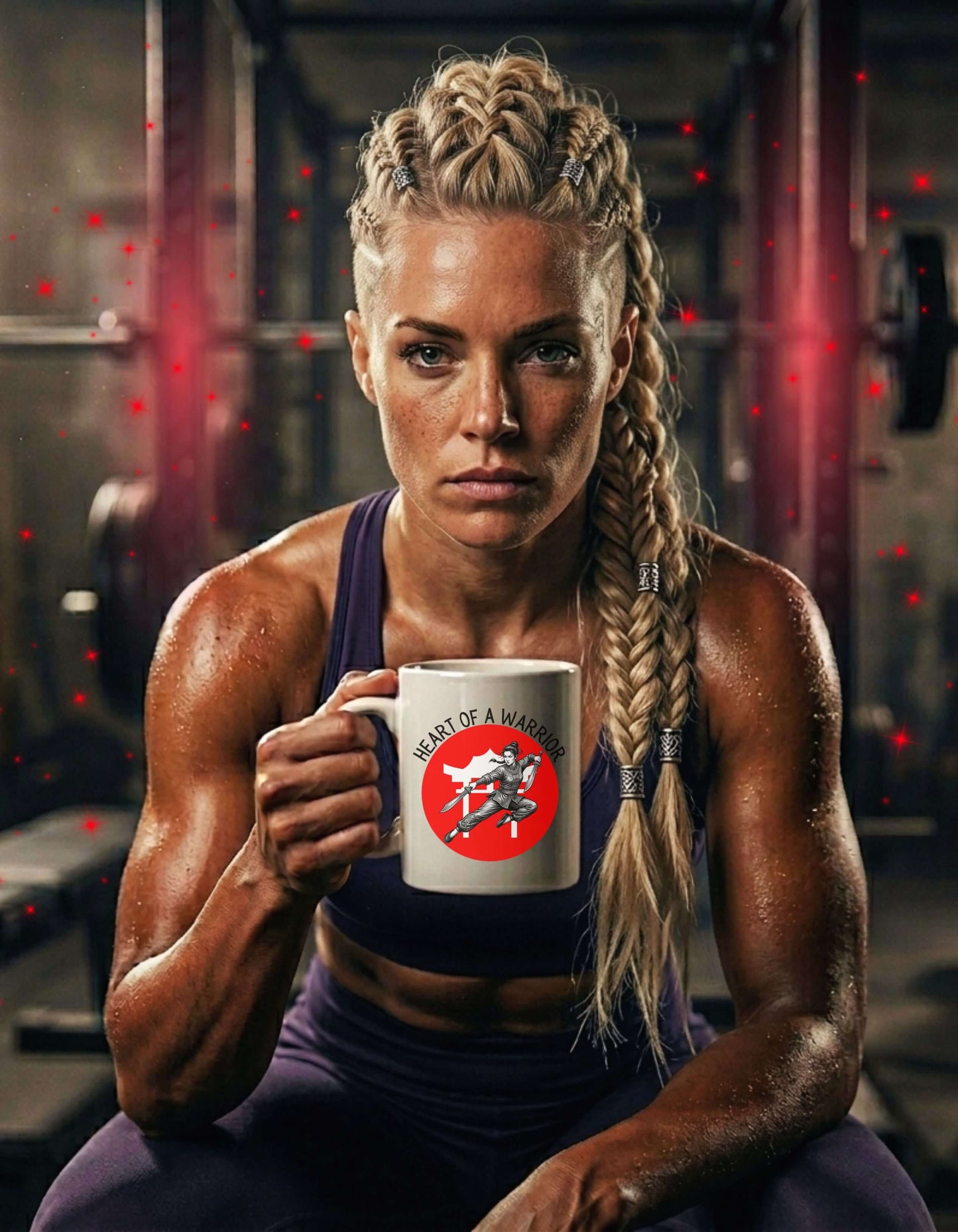 A strong, focused woman in a gym holding a white 11 oz ceramic mug with the slogan — Heart of a Warrior printed in black letters, above the graphic of a female warrior mid-air wielding twin swords, set against a bold white Chinese Temple silhouette in a red circle. 