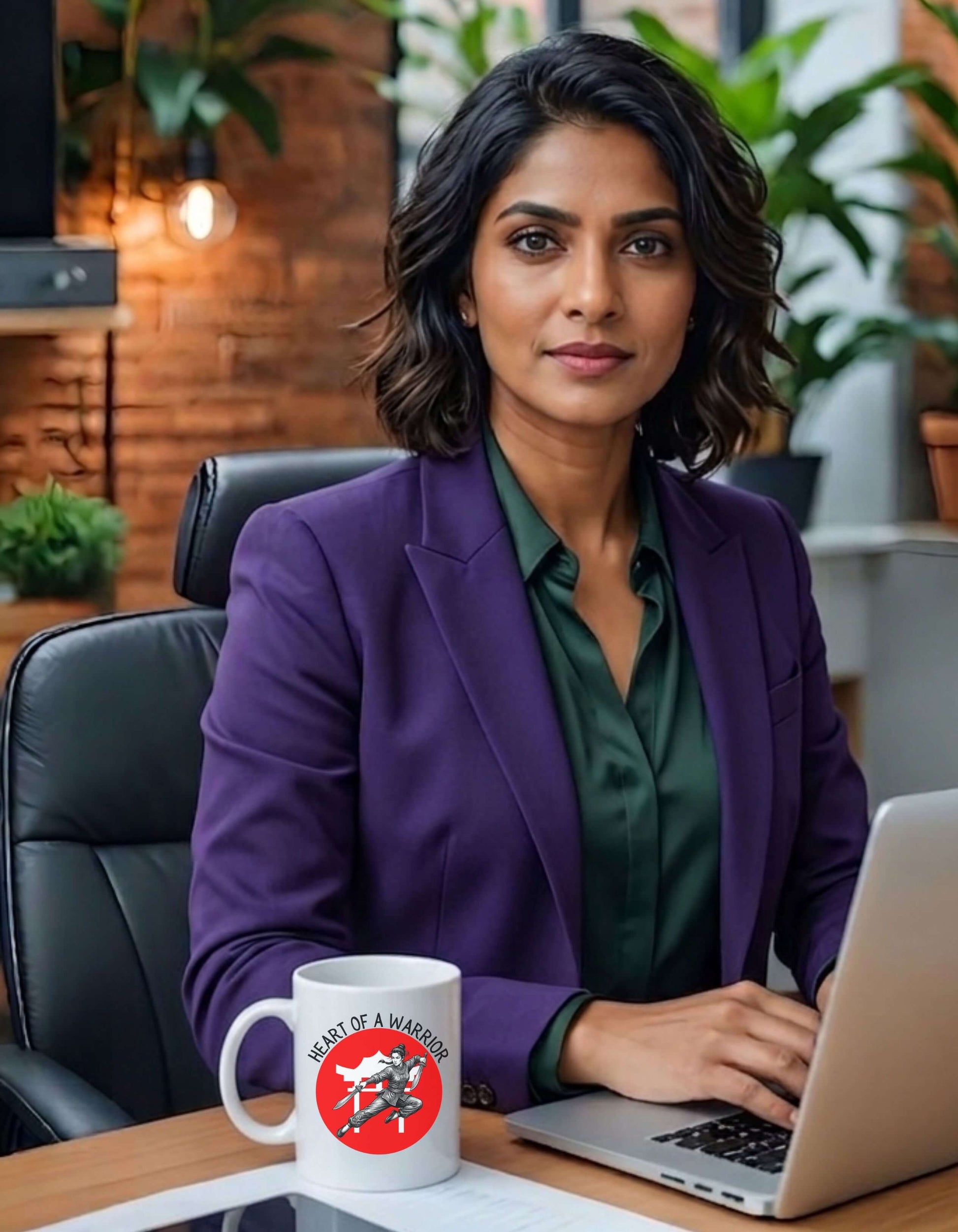 A focused woman executive in an office. On her desk she has a white 11 oz ceramic mug with the slogan — Heart of a Warrior printed in black letters, above the graphic of a female warrior mid-air wielding twin swords, set against a bold white Chinese Temple silhouette in a red circle.