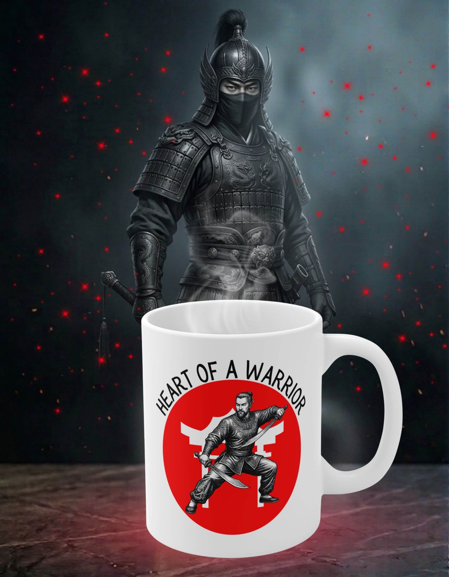 White 11 oz ceramic mug with the slogan — Heart of a Warrior printed in black letters, above the graphic of a male warrior in fight stance wielding twin swords, set against a bold white Chinese temple silhouette in a red circle; sits on a stone slab with a fierce warrior in the background. 