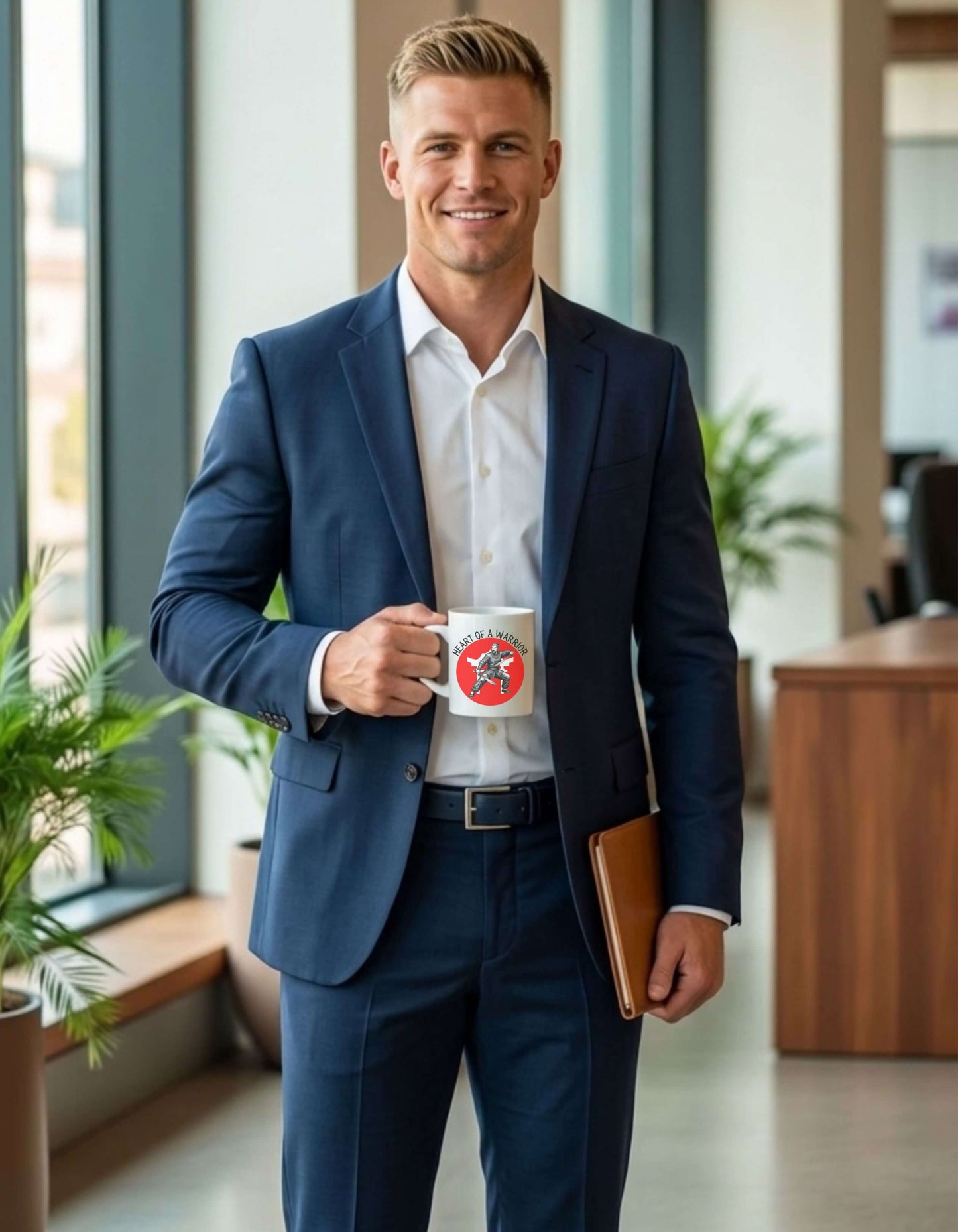 A male executive standing in an office holding a white 11 oz ceramic mug with the slogan — Heart of a Warrior printed in black letters, above the graphic of a male warrior in fight stance wielding twin swords, set against a bold white Chinese Temple silhouette in a red circle.