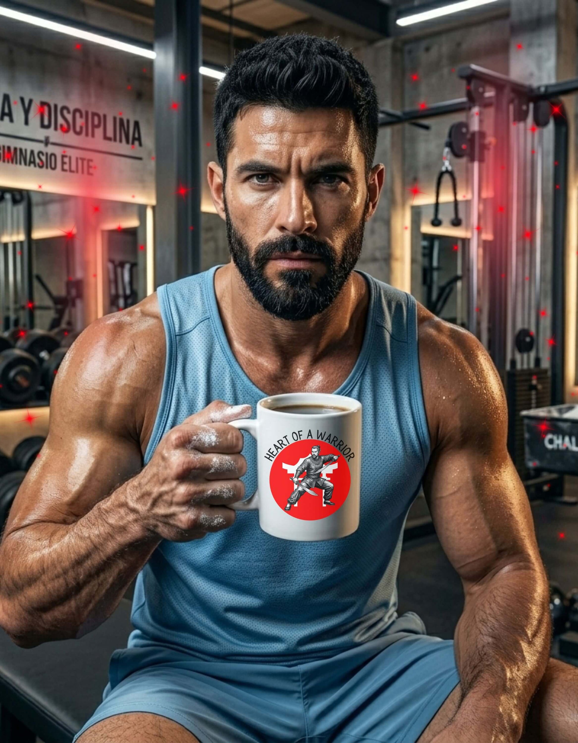 A strong, focused man in a gym holding a white 11 oz ceramic mug with the slogan — Heart of a Warrior printed in black letters, above the graphic of a male warrior mid-air wielding twin swords, set against a bold white Chinese Temple silhouette in a red circle. 