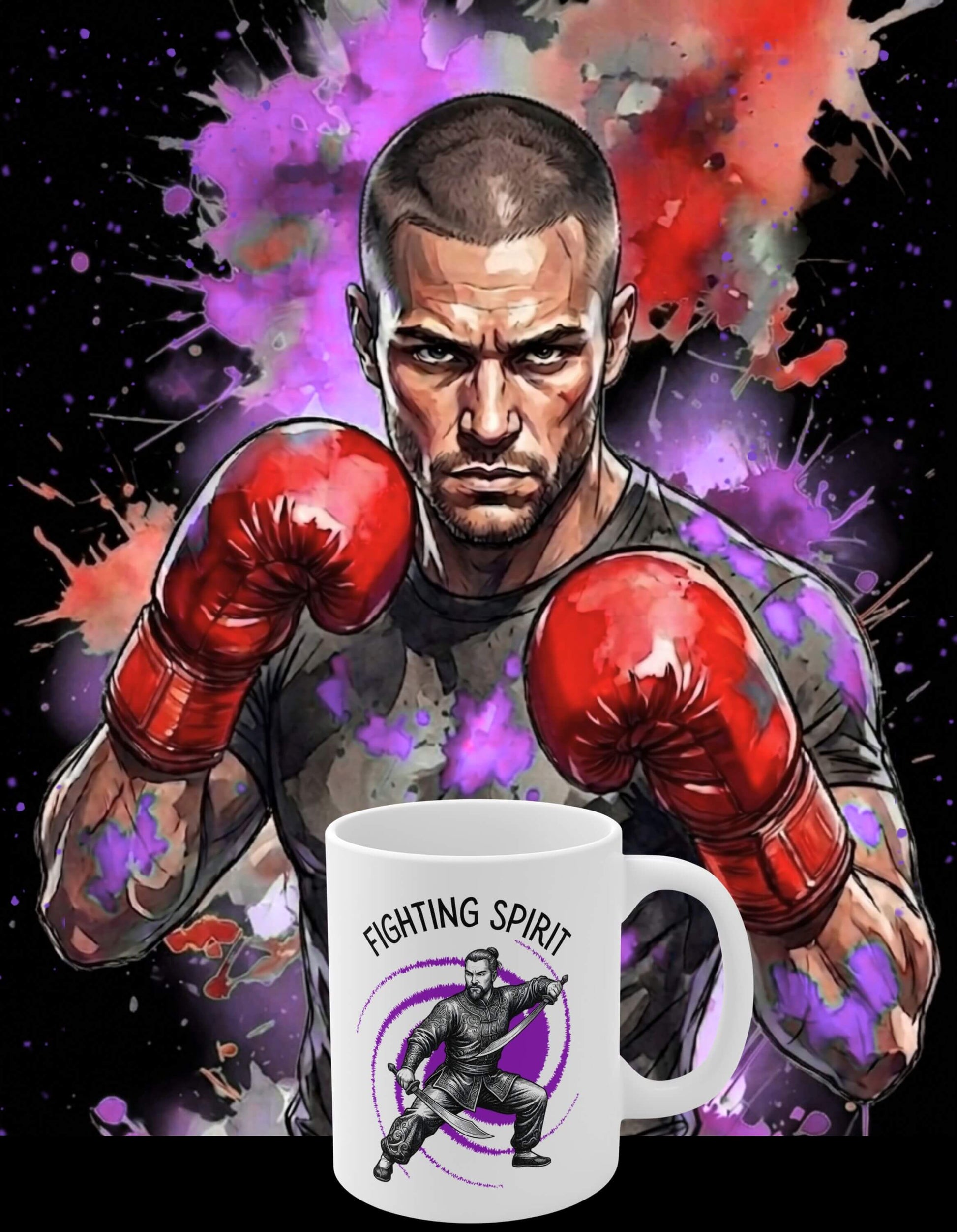 White 11 oz ceramic mug with the slogan — Fighting Spirit printed in black letters, above the graphic of a fierce male warrior in fight stance wielding twin swords, surrounded by a swirling purple vortex; with a painting of a determined male warrior in the background. 