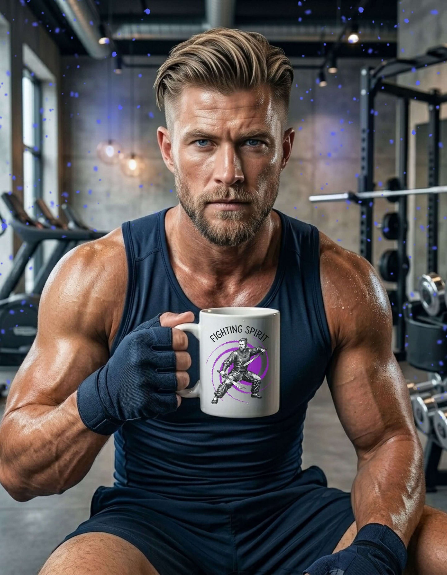 A strong, focused man in a gym holding a white 11 oz ceramic mug with the slogan — Fighting Spirit printed in black letters, above the graphic of a fierce male warrior in fight stance wielding twin swords, surrounded by a swirling purple vortex. 