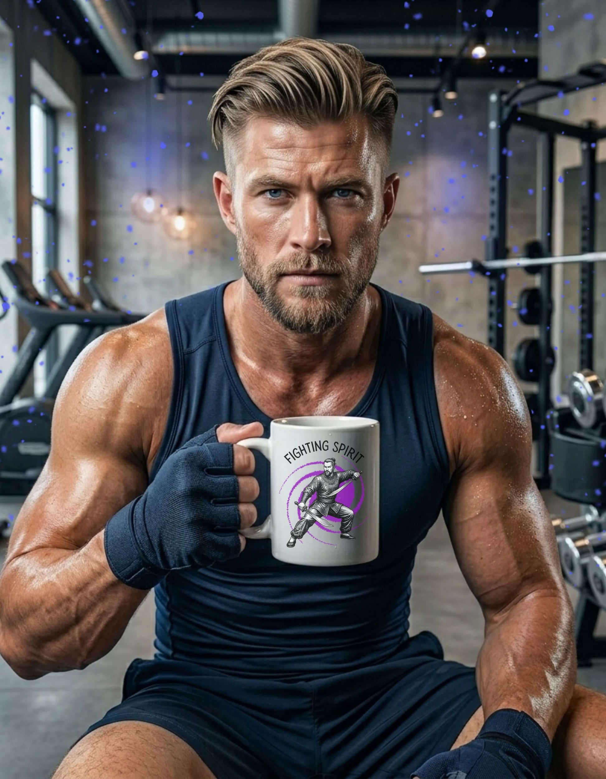 A strong, focused man in a gym holding a white 11 oz ceramic mug with the slogan — Fighting Spirit printed in black letters, above the graphic of a fierce male warrior in fight stance wielding twin swords, surrounded by a swirling purple vortex. 