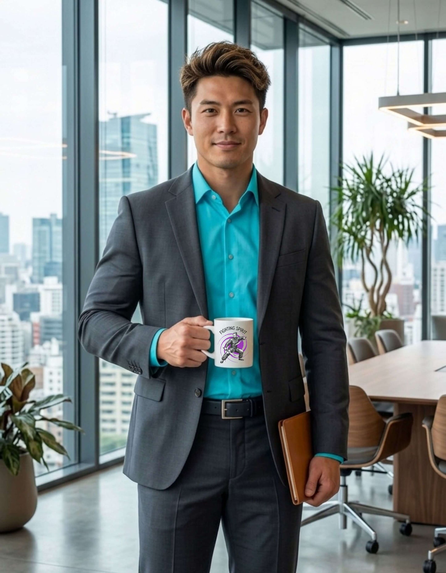 A focused male executive standing in an office, holding a white 11 oz ceramic mug with the slogan — Fighting Spirit printed in black letters, above the graphic of a fierce male warrior in fight stance wielding twin swords, surrounded by a swirling purple vortex.