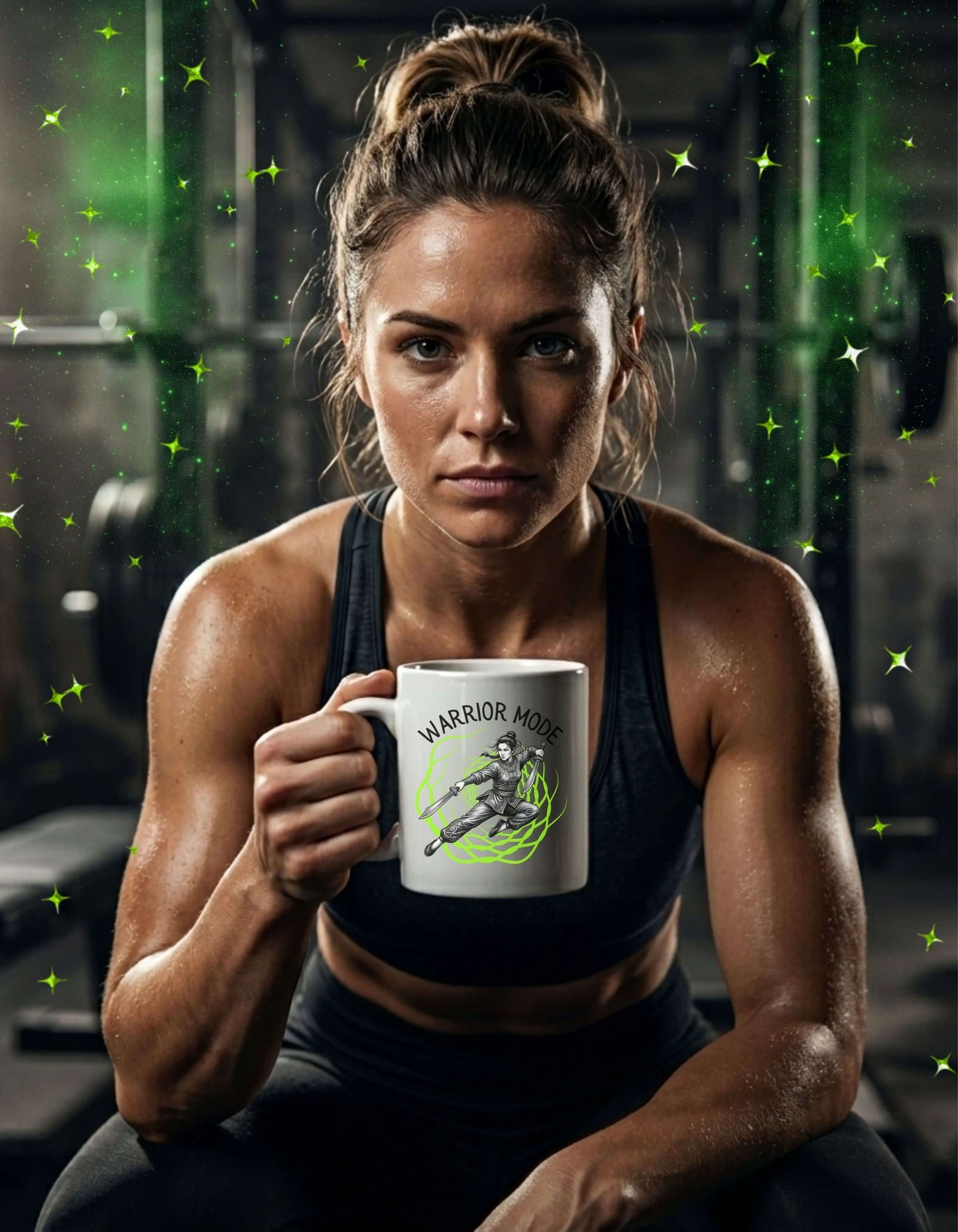 A strong, focused woman in a gym holding a white 11 oz ceramic mug with the slogan — Warrior Mode printed in black letters, above the graphic of a female warrior mid-air wielding twin swords, surrounded by a crackling neon green energy field. 