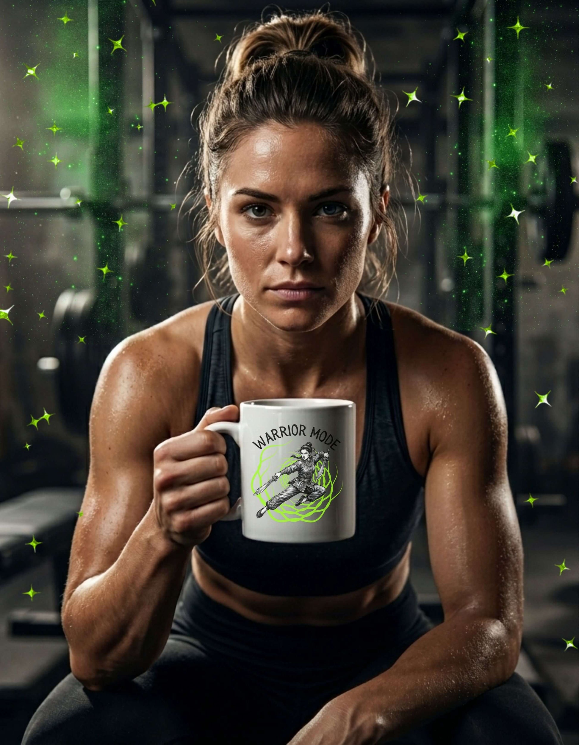A strong, focused woman in a gym holding a white 11 oz ceramic mug with the slogan — Warrior Mode printed in black letters, above the graphic of a female warrior mid-air wielding twin swords, surrounded by a crackling neon green energy field. 