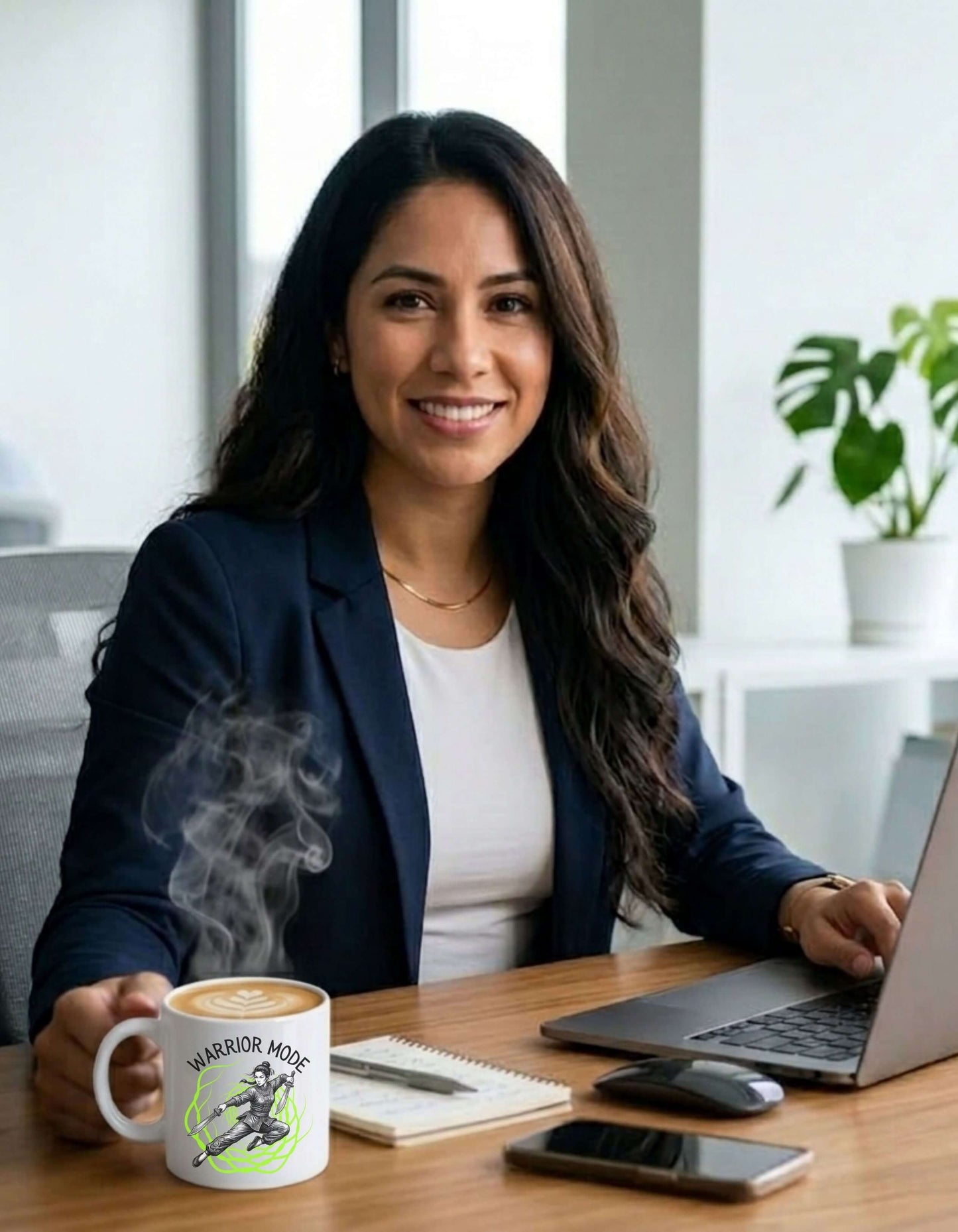 A woman executive sitting at her office desk. On her desk is a white 11 oz ceramic mug with the slogan — Warrior Mode printed in black letters, above the graphic of a female warrior mid-air wielding twin swords, surrounded by a crackling neon green energy field.