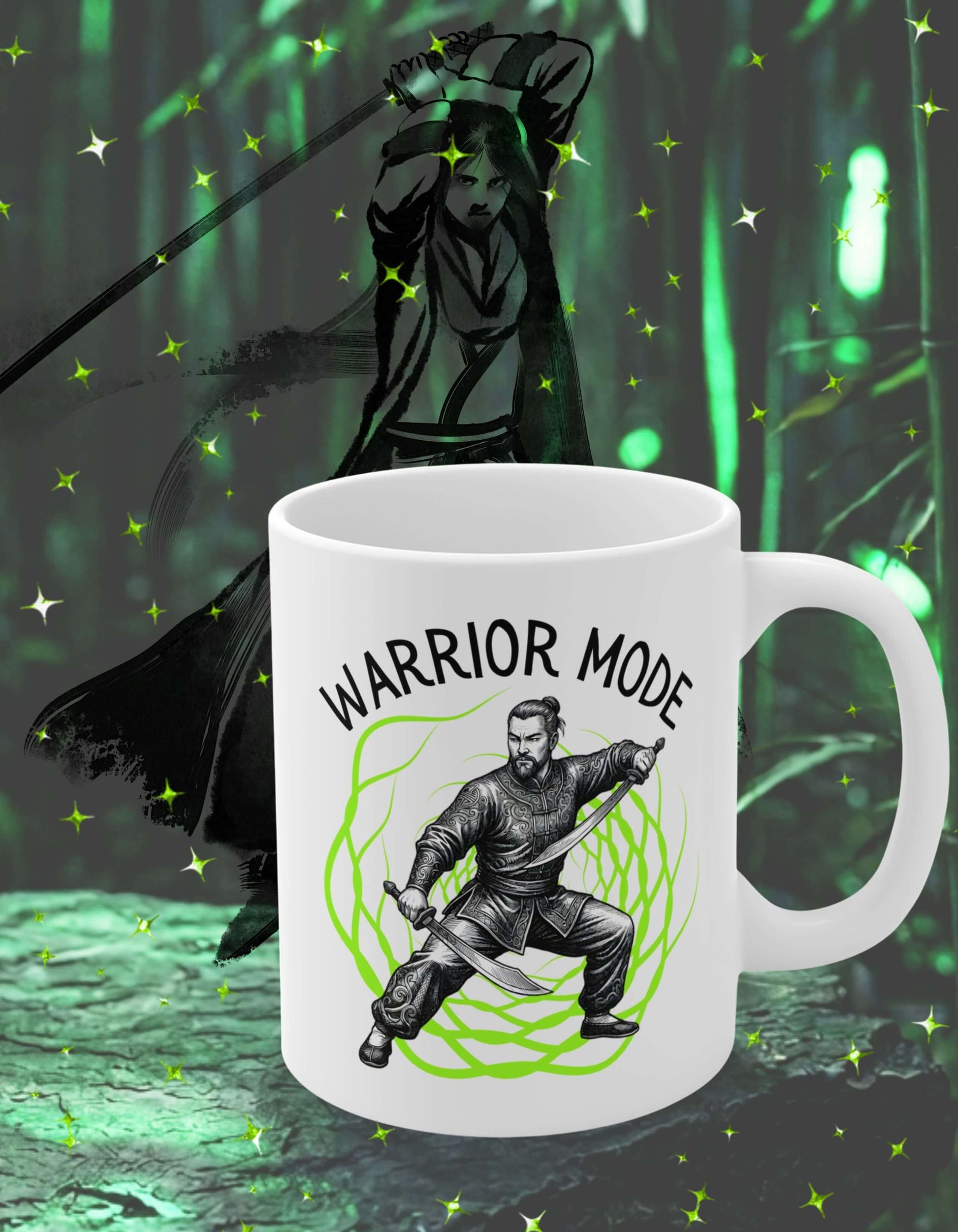 White 11 oz ceramic mug with the slogan — Warrior Mode printed in black letters, above the graphic of a fierce male warrior in fight stance wielding twin swords, surrounded by a crackling neon green energy field; sits on a stone slab with the shadow of a determined male warrior in the background.
