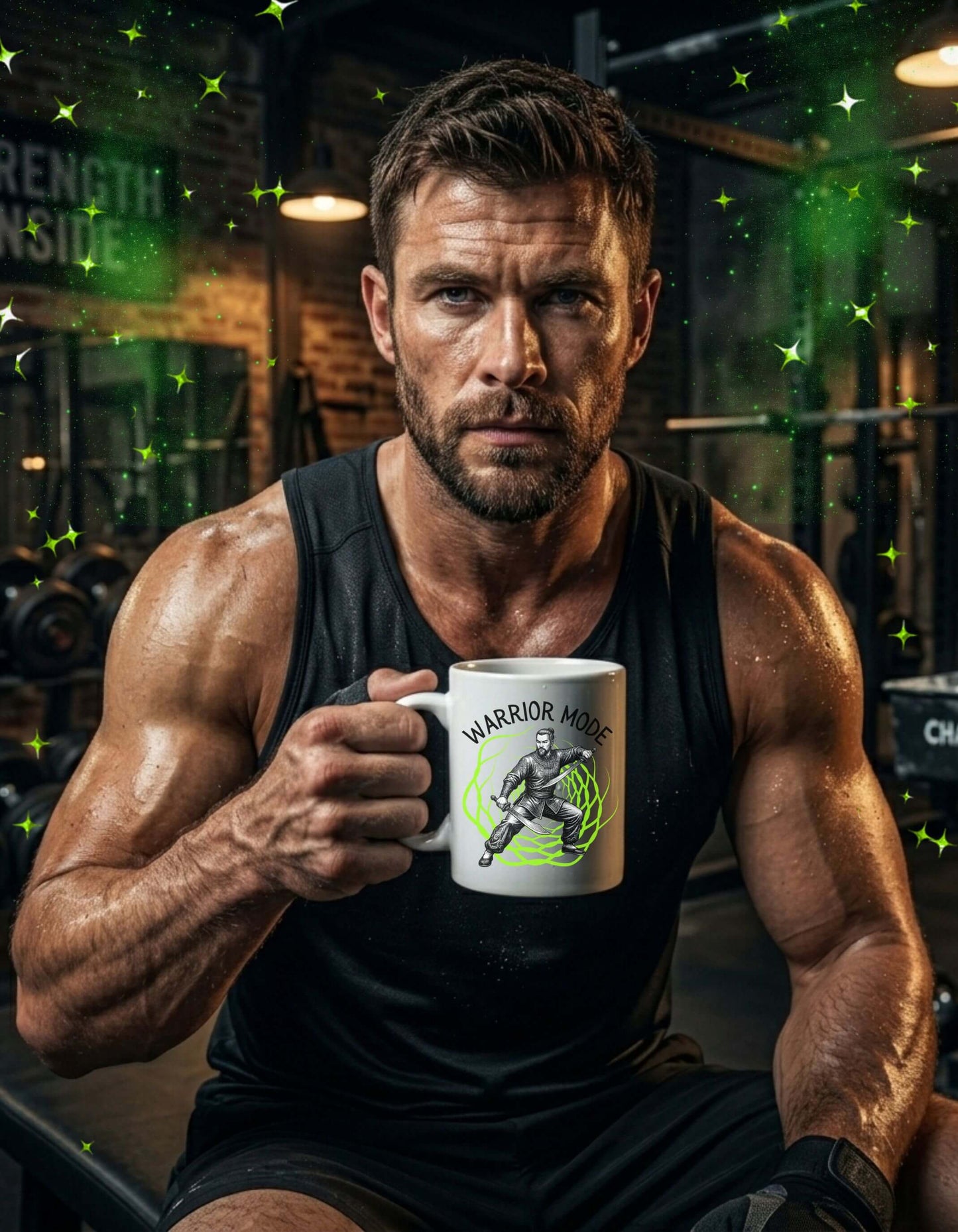 A strong, focused man in a gym holding a white 11 oz ceramic mug with the slogan — Warrior Mode printed in black letters, above the graphic of a fierce male warrior in fight stance wielding twin swords, surrounded by a crackling neon green energy field. 