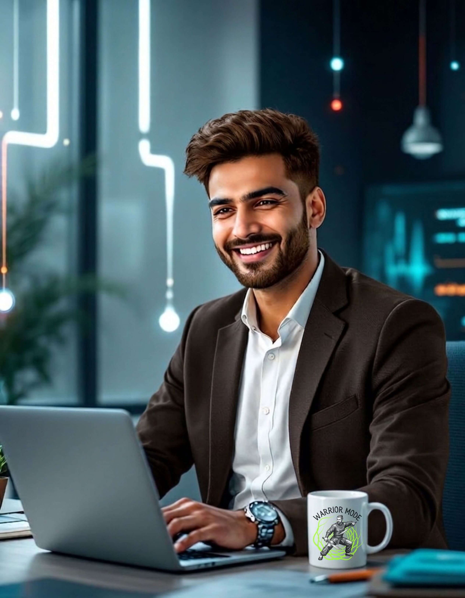 A male executive sitting at his office desk. On his desk is a white 11 oz ceramic mug with the slogan — Warrior Mode printed in black letters, above the graphic of a fierce male warrior in fight stance wielding twin swords, surrounded by a crackling neon green energy field.