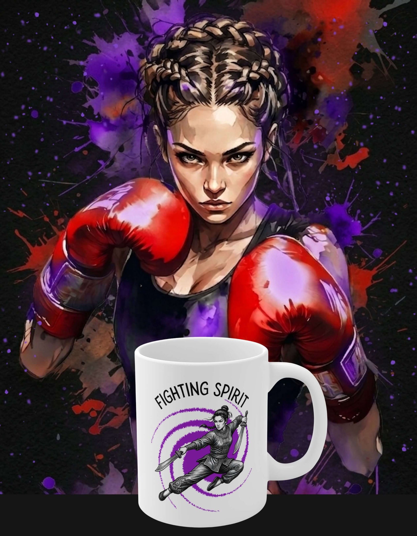 White 11 oz ceramic mug with the slogan — Fighting Spirit printed in black letters, above the graphic of a female warrior mid-air wielding twin swords, surrounded by a swirling purple vortex; with a painting of a determined woman warrior in the background.