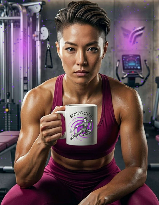 A strong, focused woman in a gym holding a white 11 oz ceramic mug with the slogan — Fighting Spirit printed in black letters, above the graphic of a female warrior mid-air wielding twin swords, surrounded by a swirling purple vortex. 