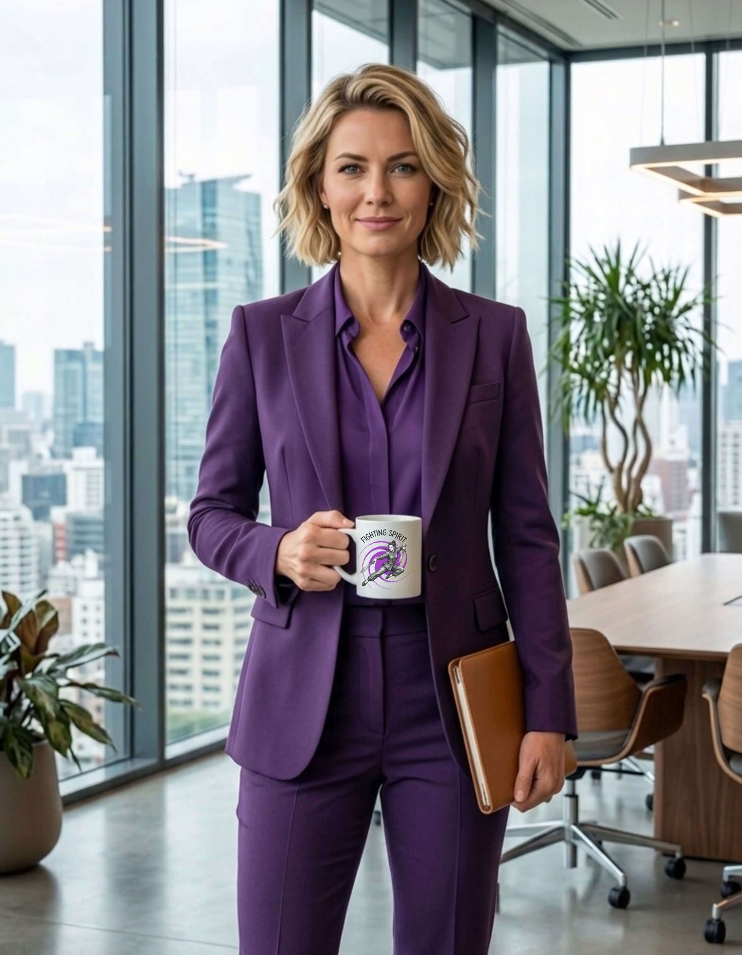 A focused woman executive standing in an office, holding a white 11 oz ceramic mug with the slogan — Fighting Spirit printed in black letters, above the graphic of a female warrior mid-air wielding twin swords, surrounded by a swirling purple vortex.