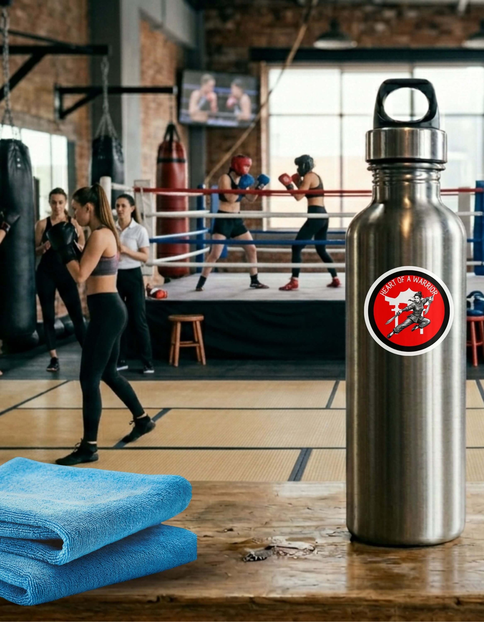 Metal water bottle in the foreground with a "Heart of a Warrior" sticker on it, sits on a wooden surface, with women training in a boxing gym in the background.