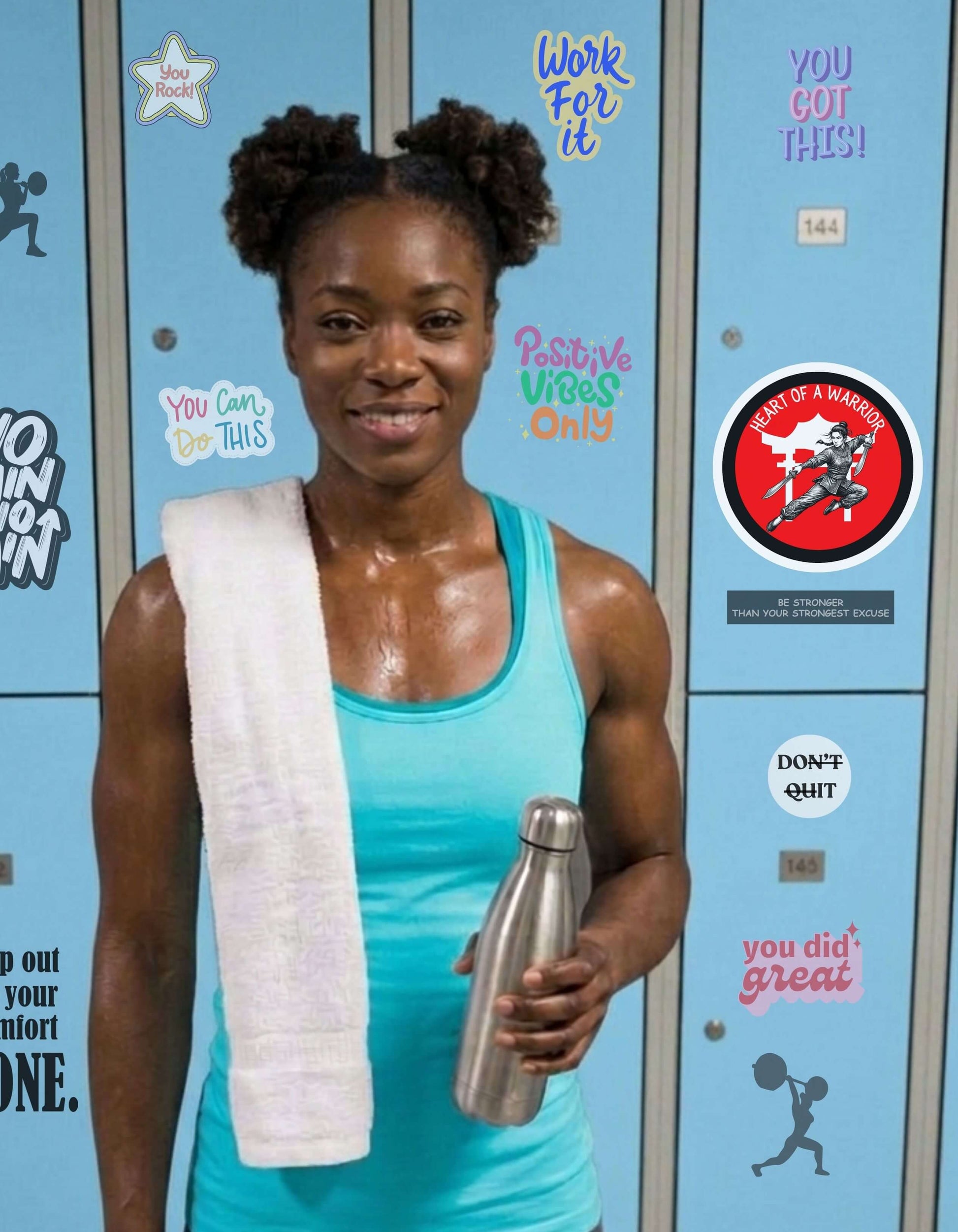Muscular woman in workout attire holding a water bottle in front of motivational locker stickers with the "Heart of a Warrior" sticker on her right.