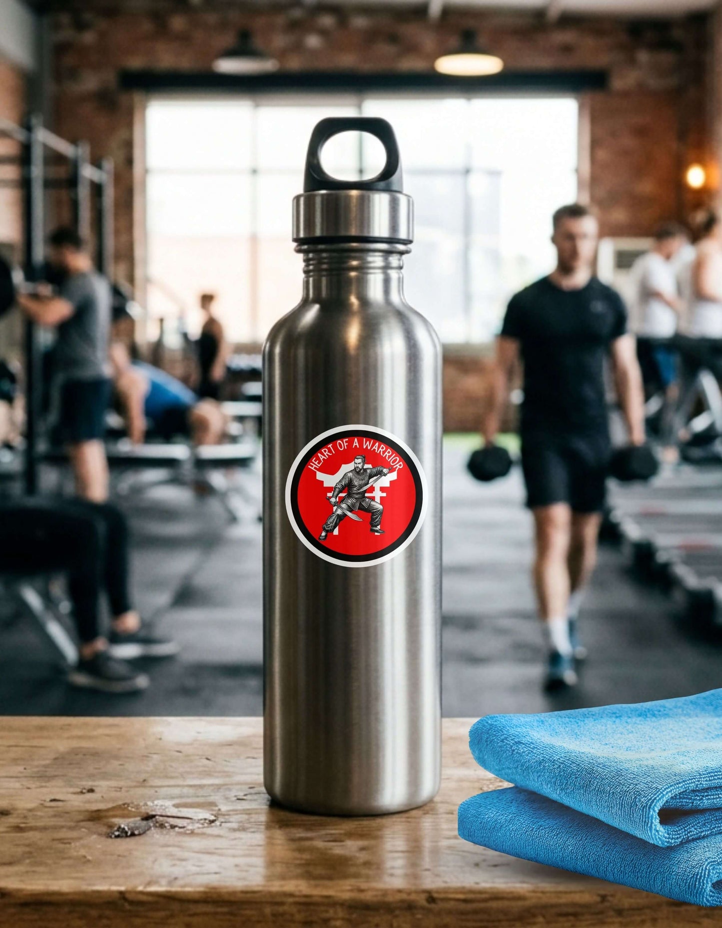 Metal water bottle in the foreground with a "Heart of a Warrior" sticker on it, sits on a wooden surface, with men training in a gym in the background.