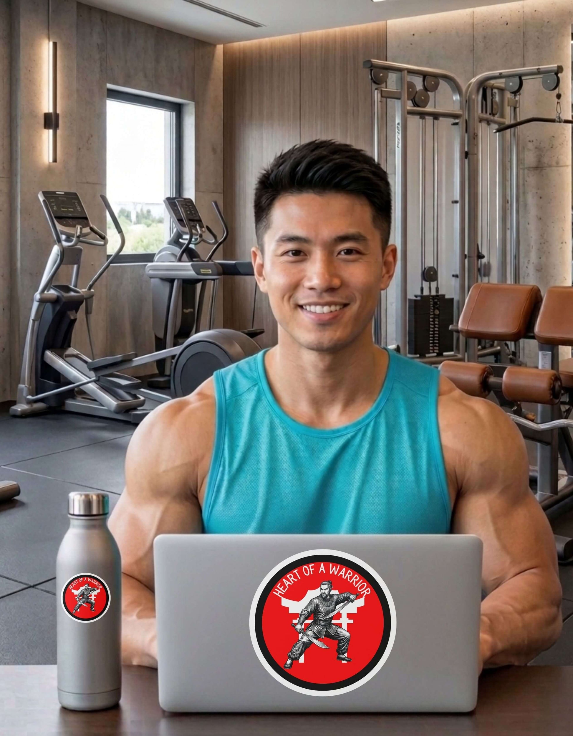 Muscular man in a gym setting with a laptop and water bottle each featuring a 'Heart of a Warrior' sticker.